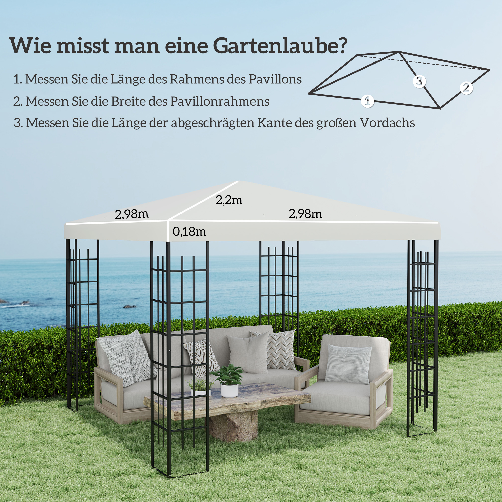 3 x 3 m Ersatzplane für Pavillon, Plane für Garten-Pavillon, mit Wasserablauföffnungen, UPF30+, Hellgrau