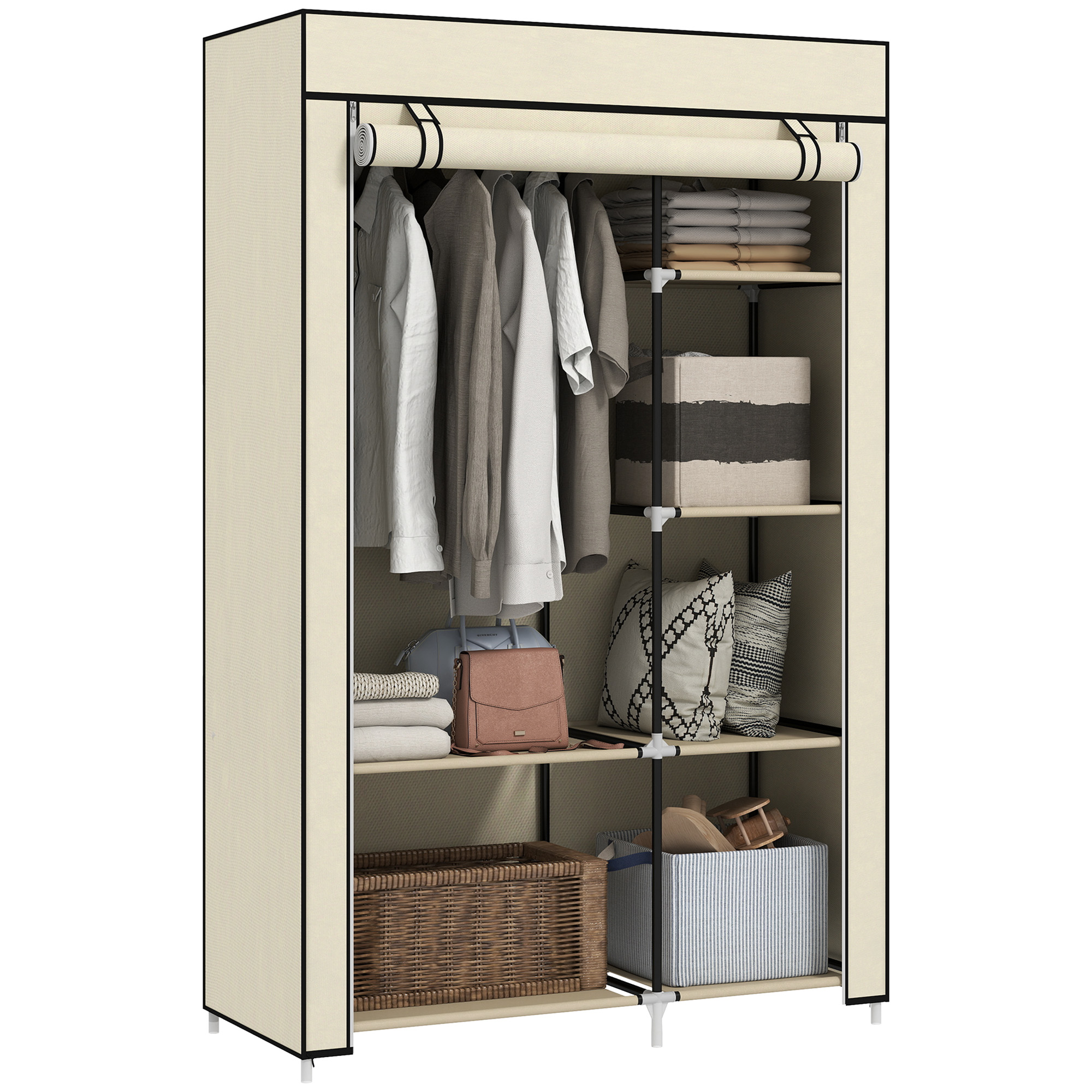 Schrank aus Stoff, Aufbewahrungslösung, 6 Regale, 1 Kleiderstange, Beige