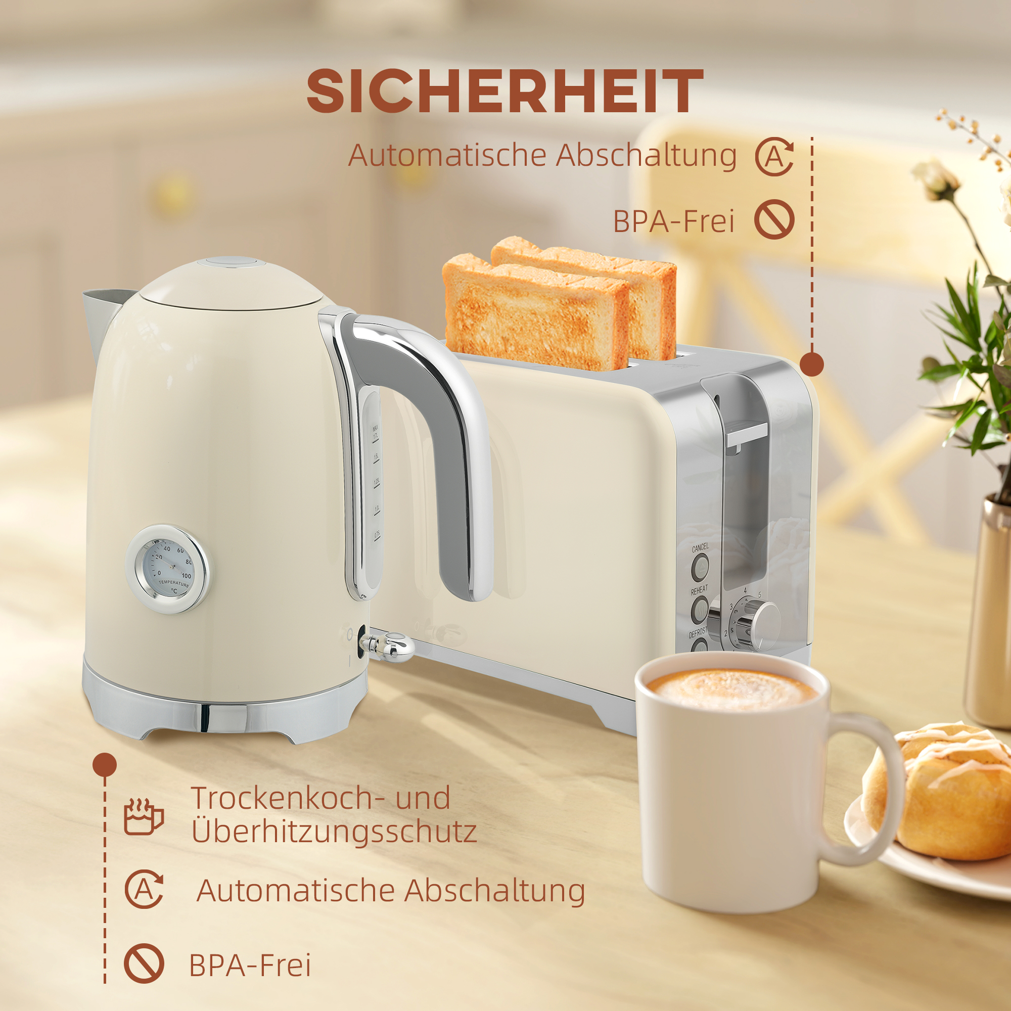 Wasserkocher- und Toaster-Set, 2200W, 7 Bräunungsstufen, versch. Funktionen, Creme