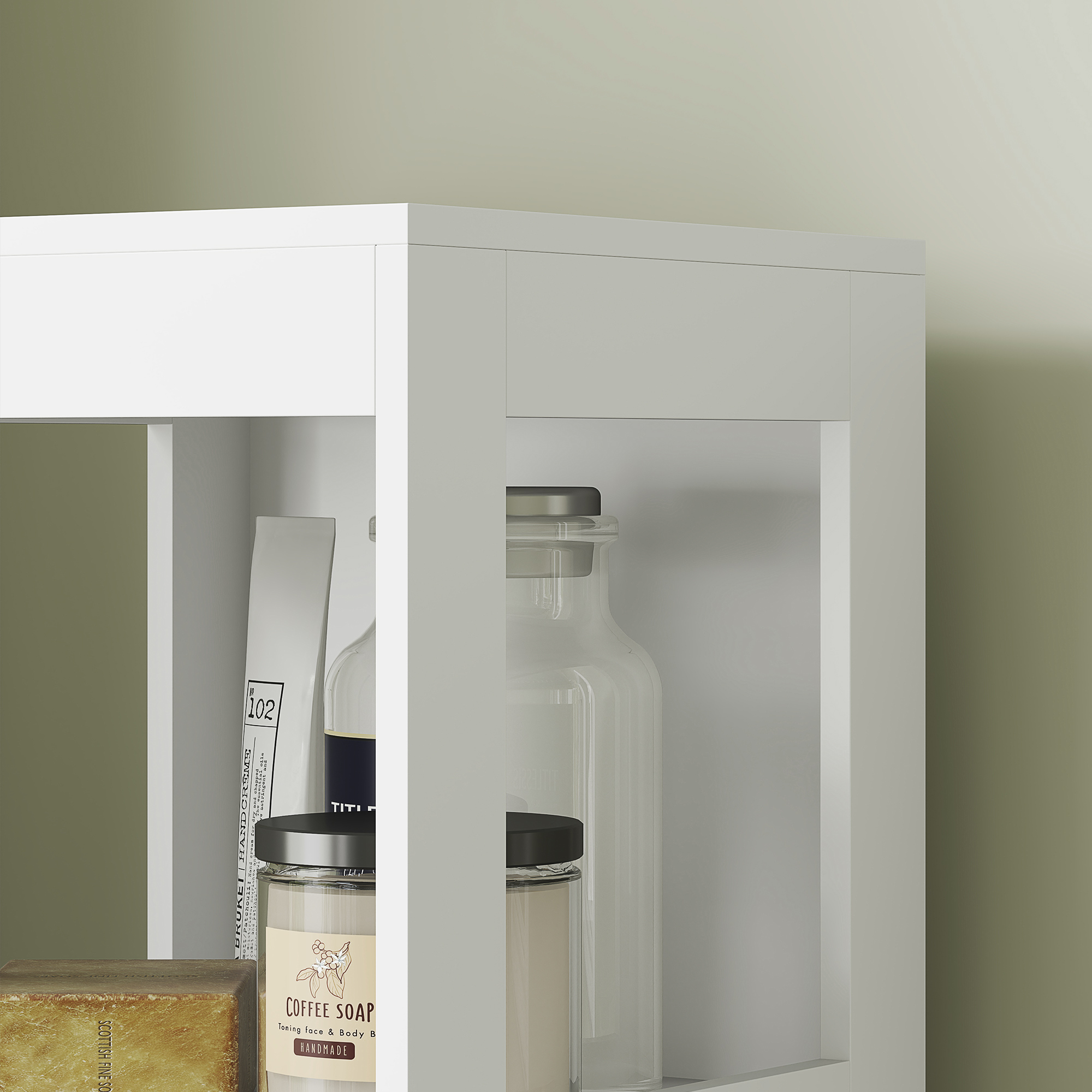 Badezimmerschrank, Kompaktes Badezimmerregal mit 2 Schubladen und 3 offenen Fächern, Freistehendes Badregal, MDF, Weiß