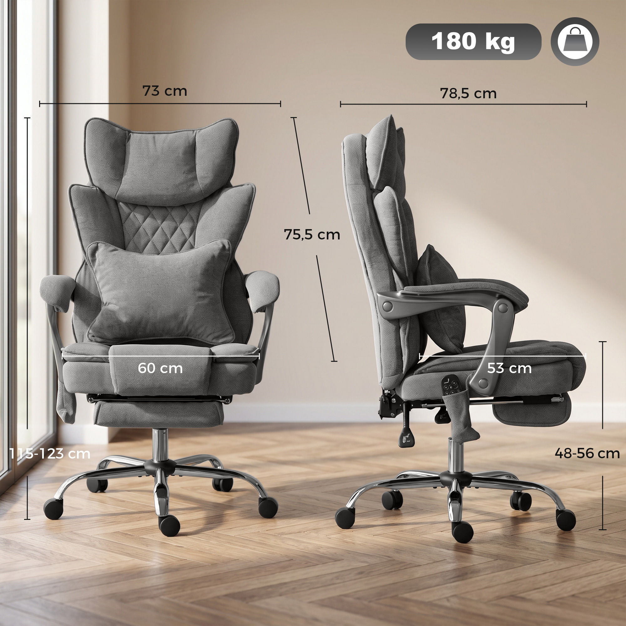 Bürostuhl mit Massage- und Wärmefunktion, bis 180 kg, verstellbar, in Leinenoptik, Lendenstütze, breiter Sitz, grau