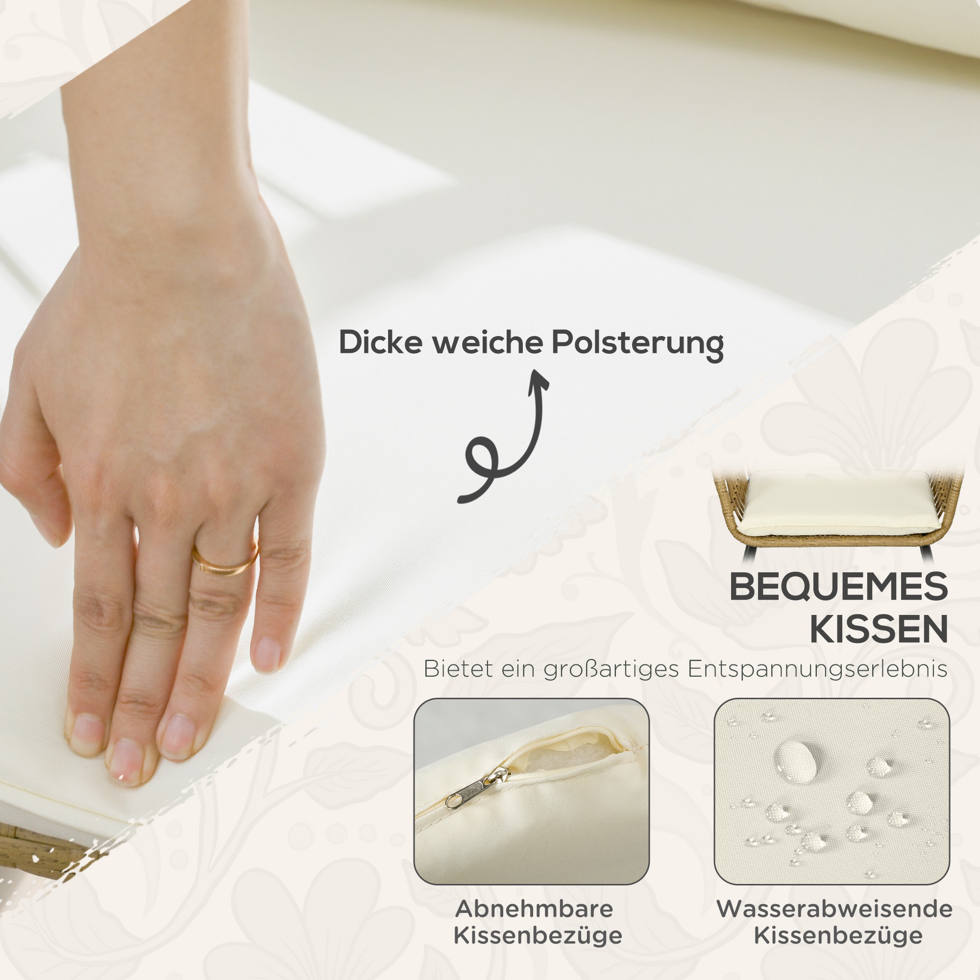 Rattansitzgruppe Lounge-Set Outdoor-Sitzgruppe, Boho-Stil, 5-teilges Set, 145 x 70 x 78 cm, Creme + Natur + Schwarz