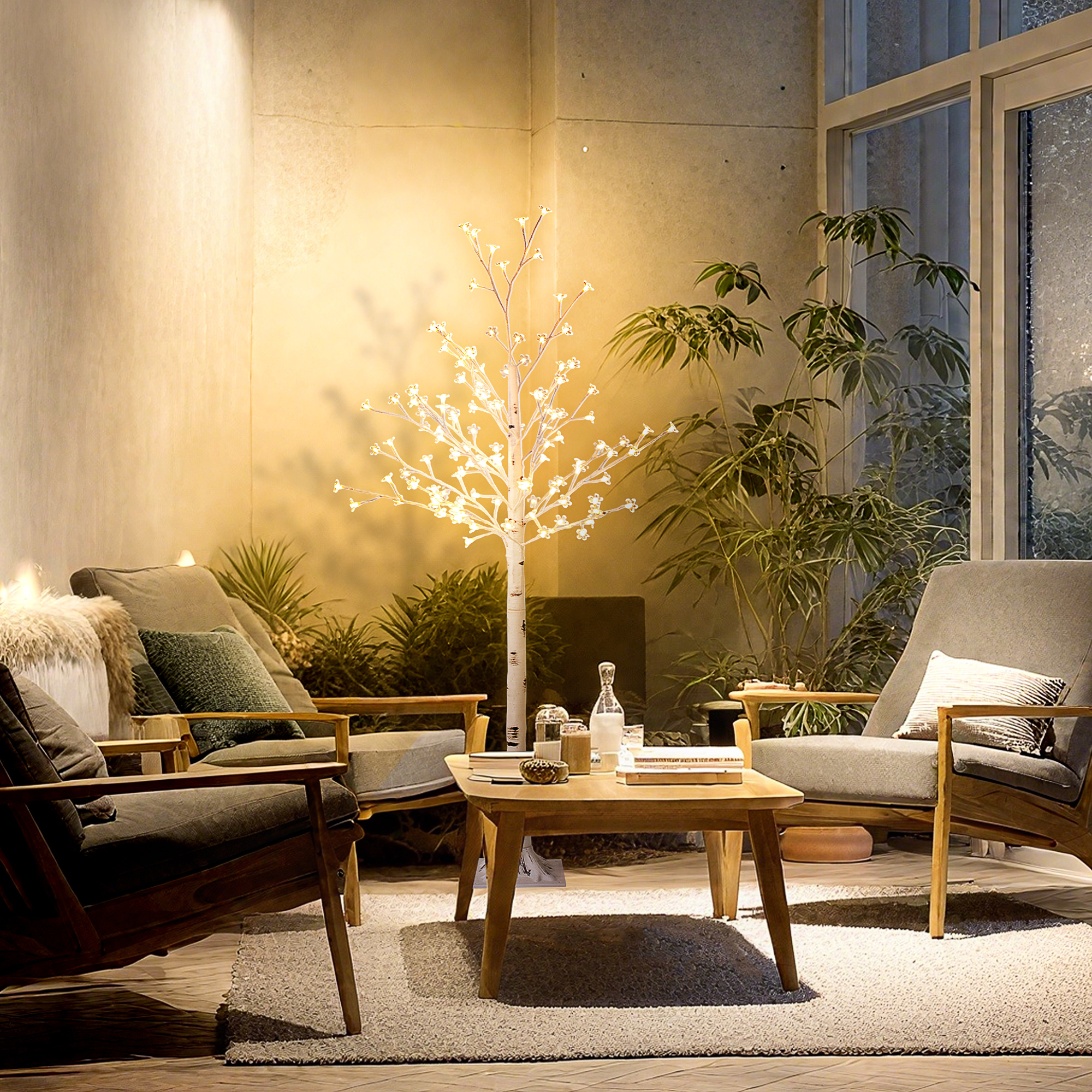 Kunstbaum, Kunst Kirschblütenbaum, mit 120 LEDs, 3 Helligkeitsstufen, warmweiß, realistische Rinde, 21 x 21 x 150 cm