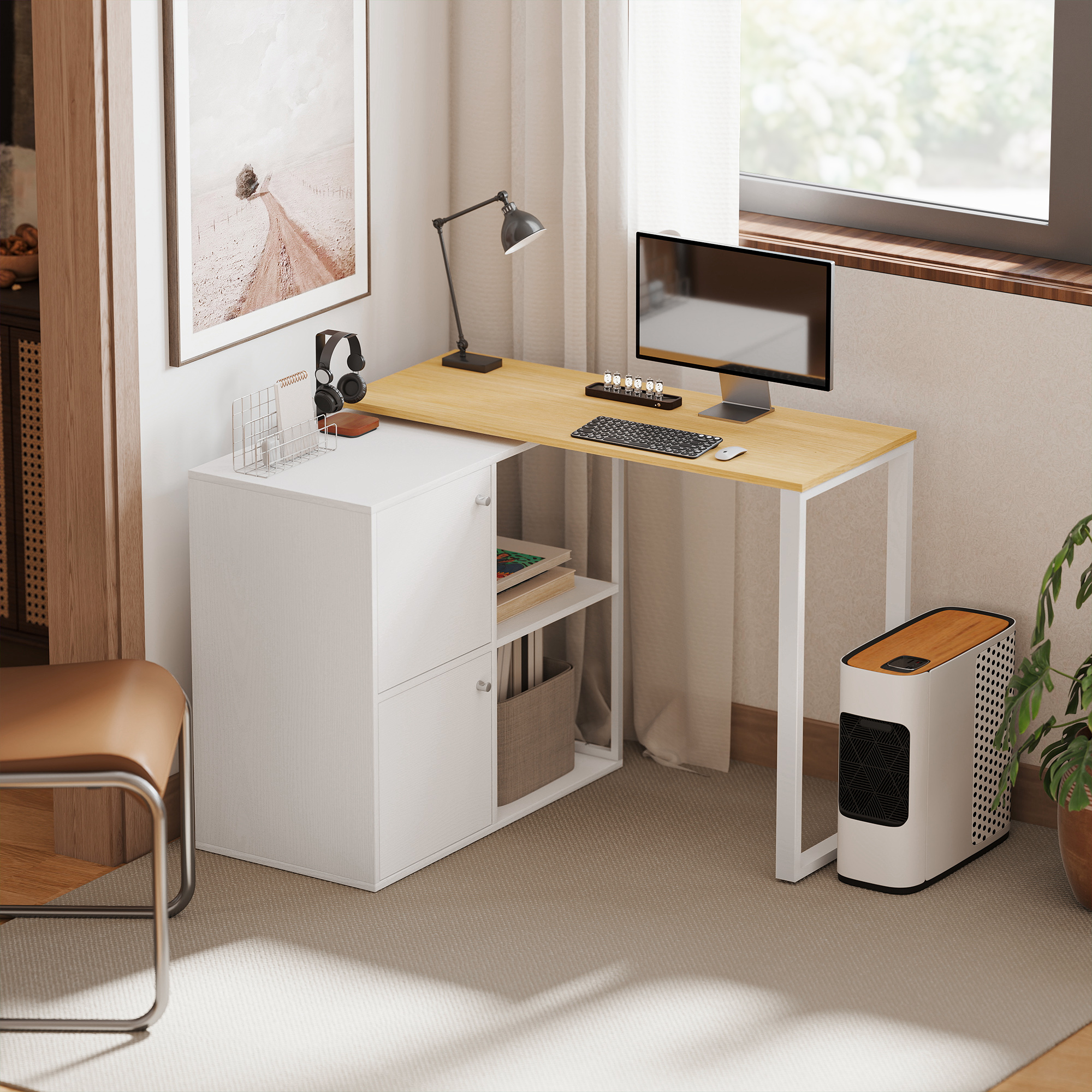 Schreibtisch L-förmig, 360° drehbarer Eckschreibtisch mit 2 Lagerschränken, 2 offenen Regalen, Computertisch für kleine Räume, Arbeitszimmer, Wohnzimmer, 150x40x75 cm, Weiß