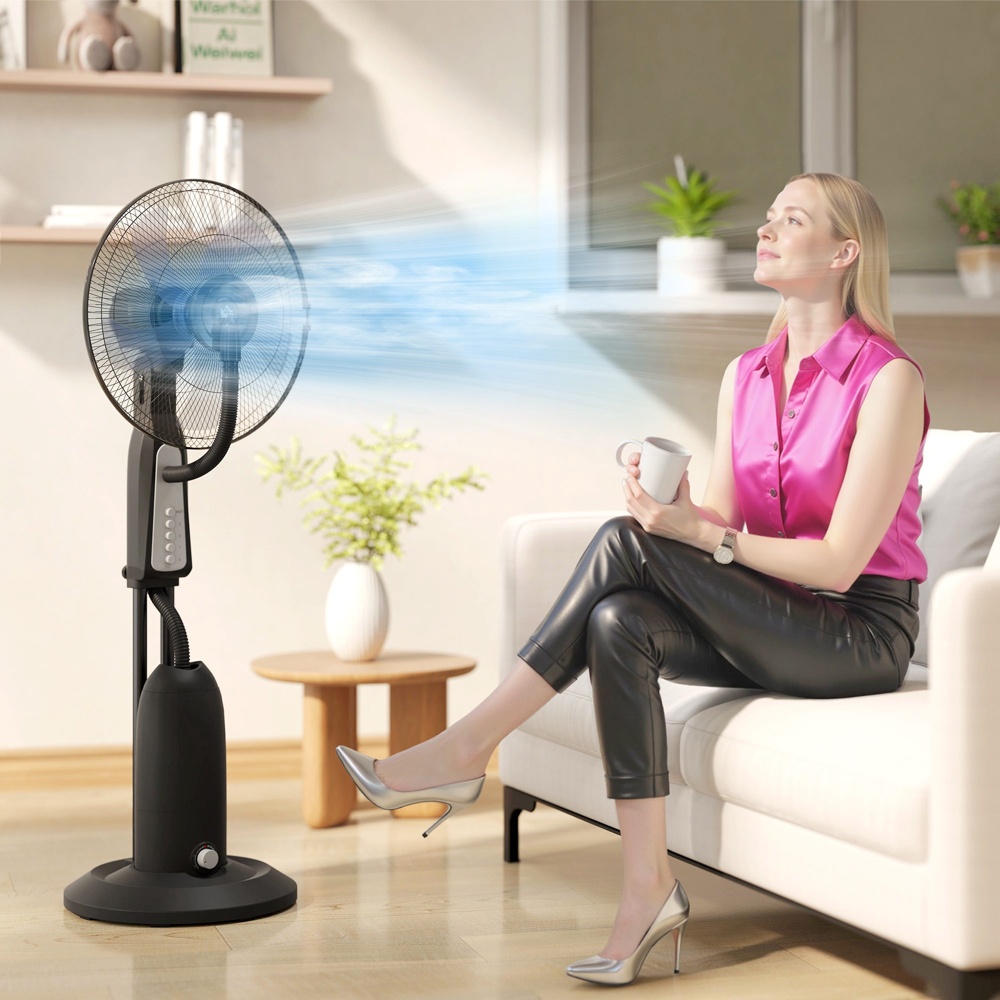 Ventilator mit Sprühnebelfunktion, 3 Liter-Tank, 75 Grad drehbar, 3 Geschwindigkeiten, rollbar, 125 cm, Schwarz