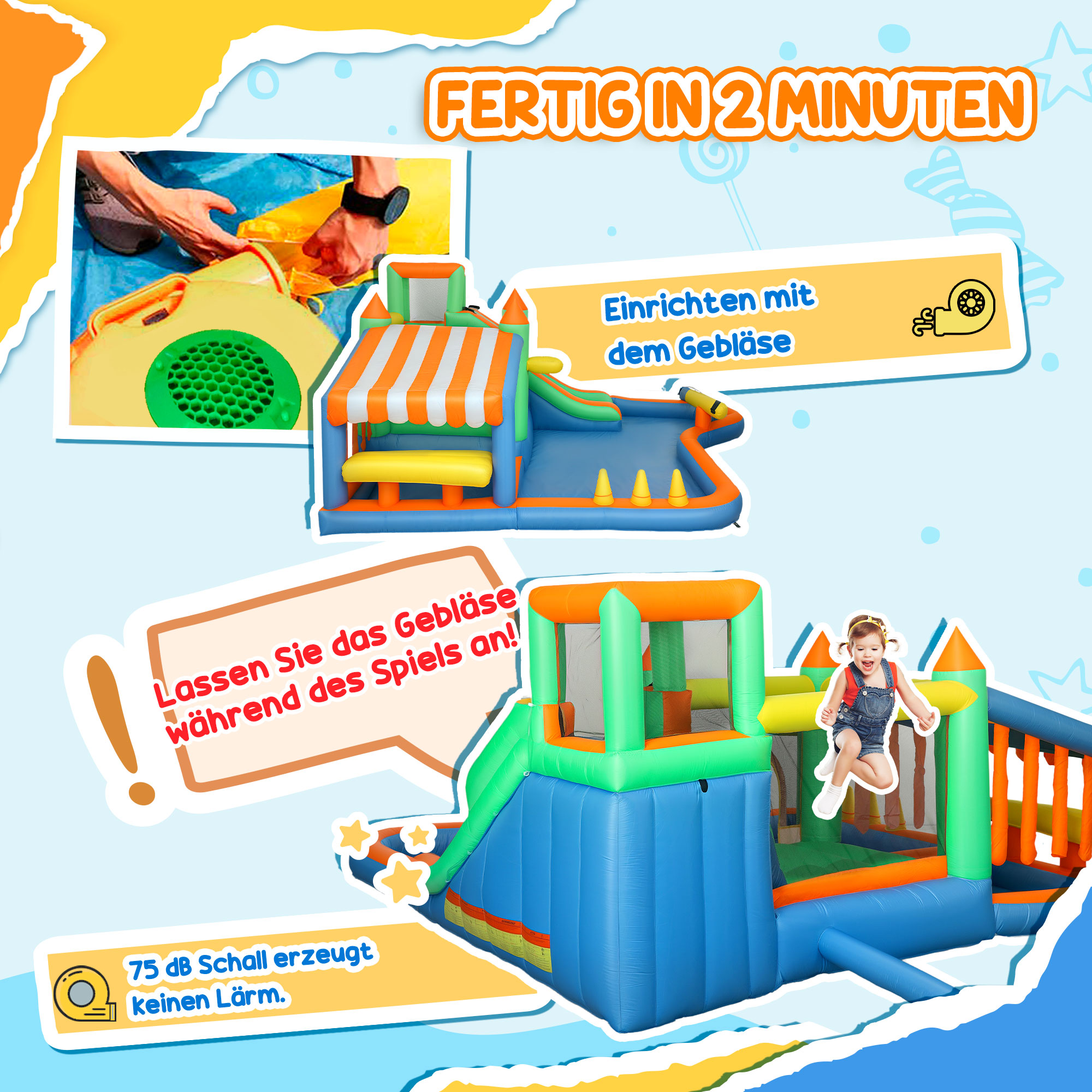 Hüpfburg für Kinder, mit Wasserrutsche, Planschbecken, Kletterwand, für drinnen und draußen, 360 x 315 x 195 cm, Bunt