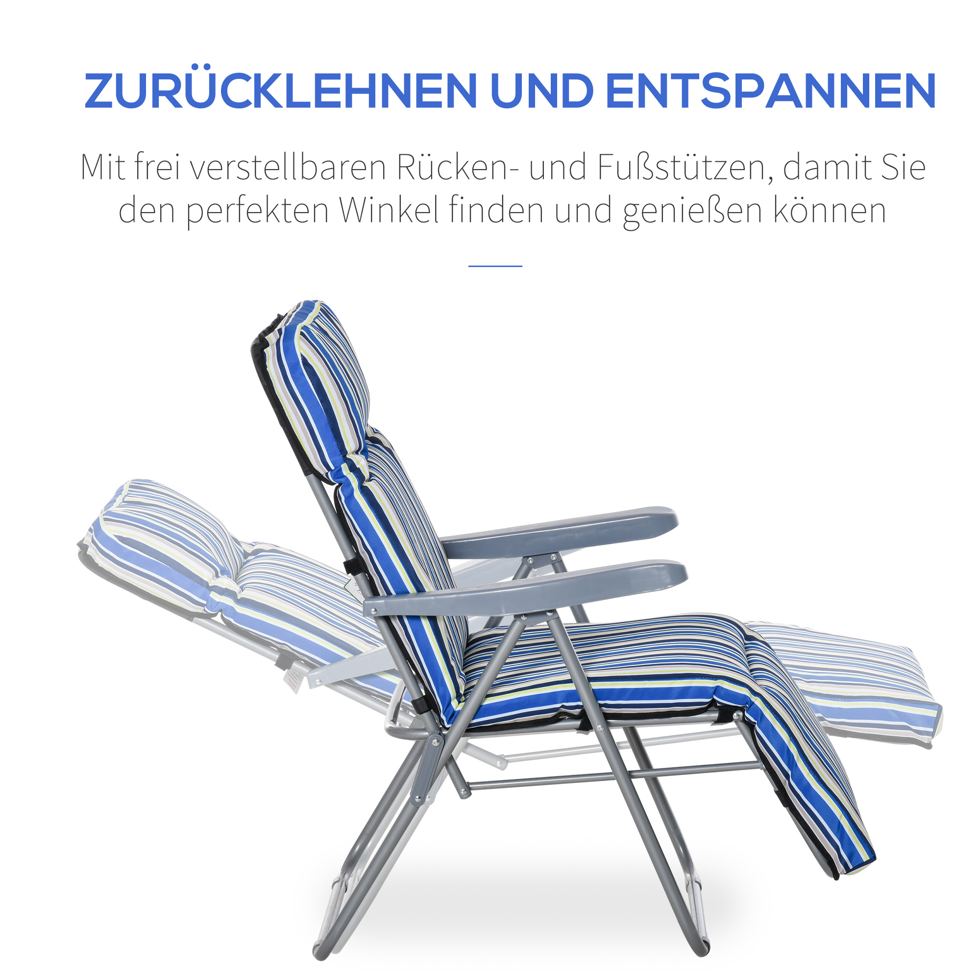 2er-Set Liegestuhl Set mit Kissen klappbar Sonnenliege 5 Stufen verstellbarer Rückenlehne Gartenliege Gartenmöbel Set Stahl Polyester Blau 60 x 75 x 65-102 cm