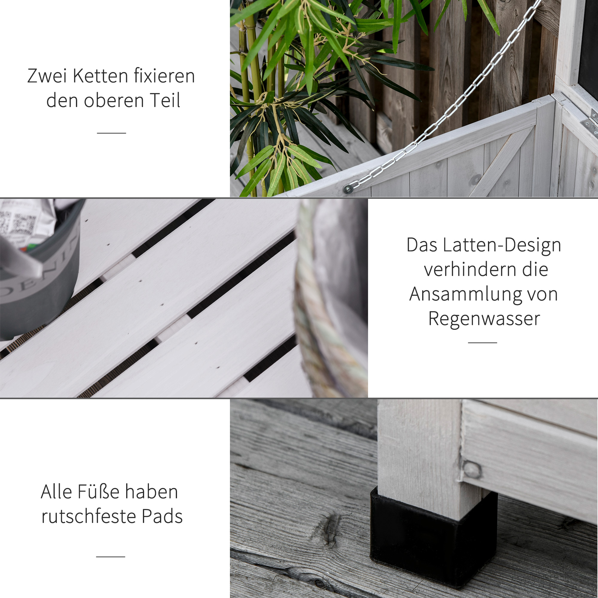 Gartenbox, wetterbeständig, luftdurchlässig, Kissenbox, Aufbewahrungsbox, Fichtenholz, grau, 127 x 56 x 60 cm