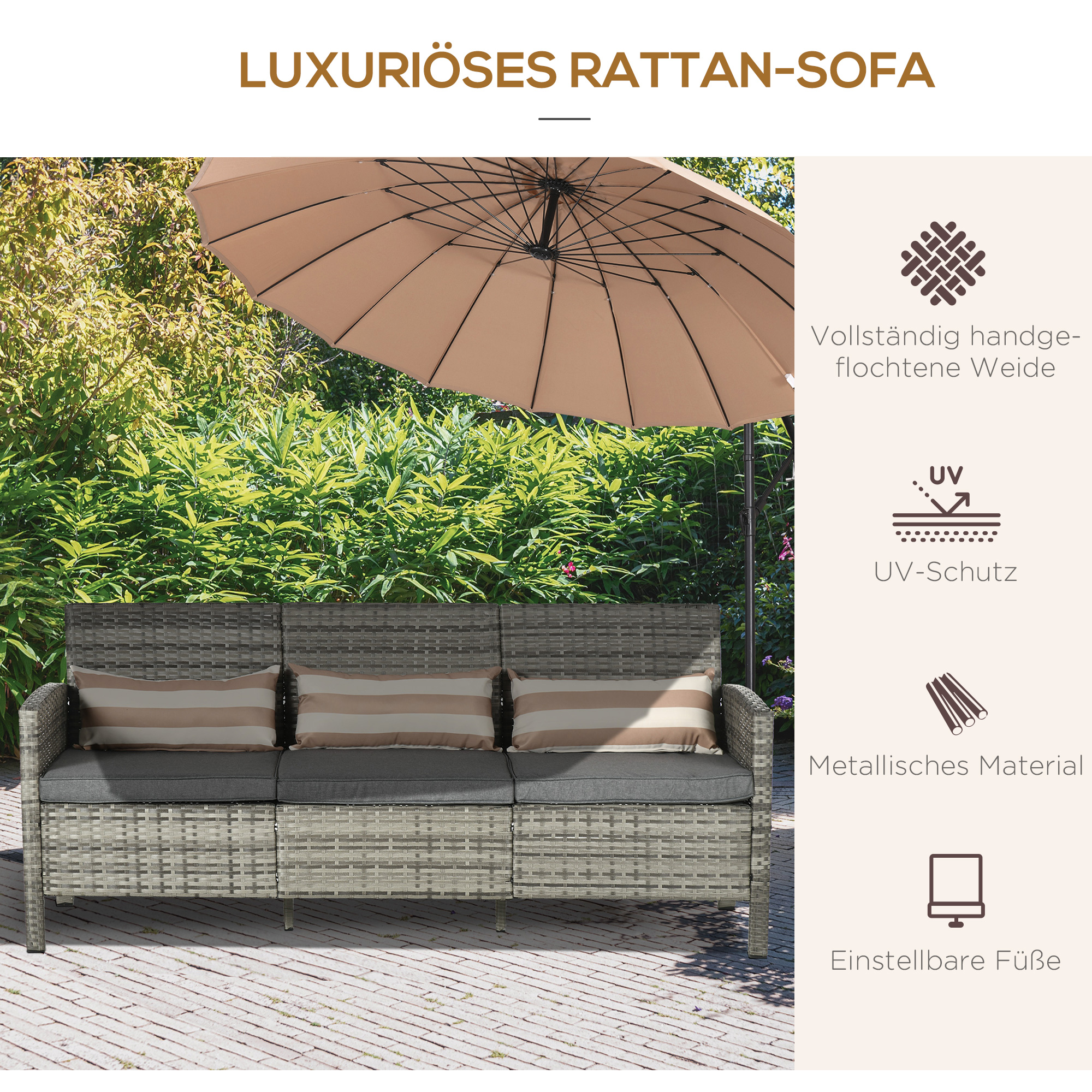 Rattan Sofa mit Kissen, Dreisitzer, Garten Loungesofa, Stahl, Grau, 173 x 68 x 78 cm
