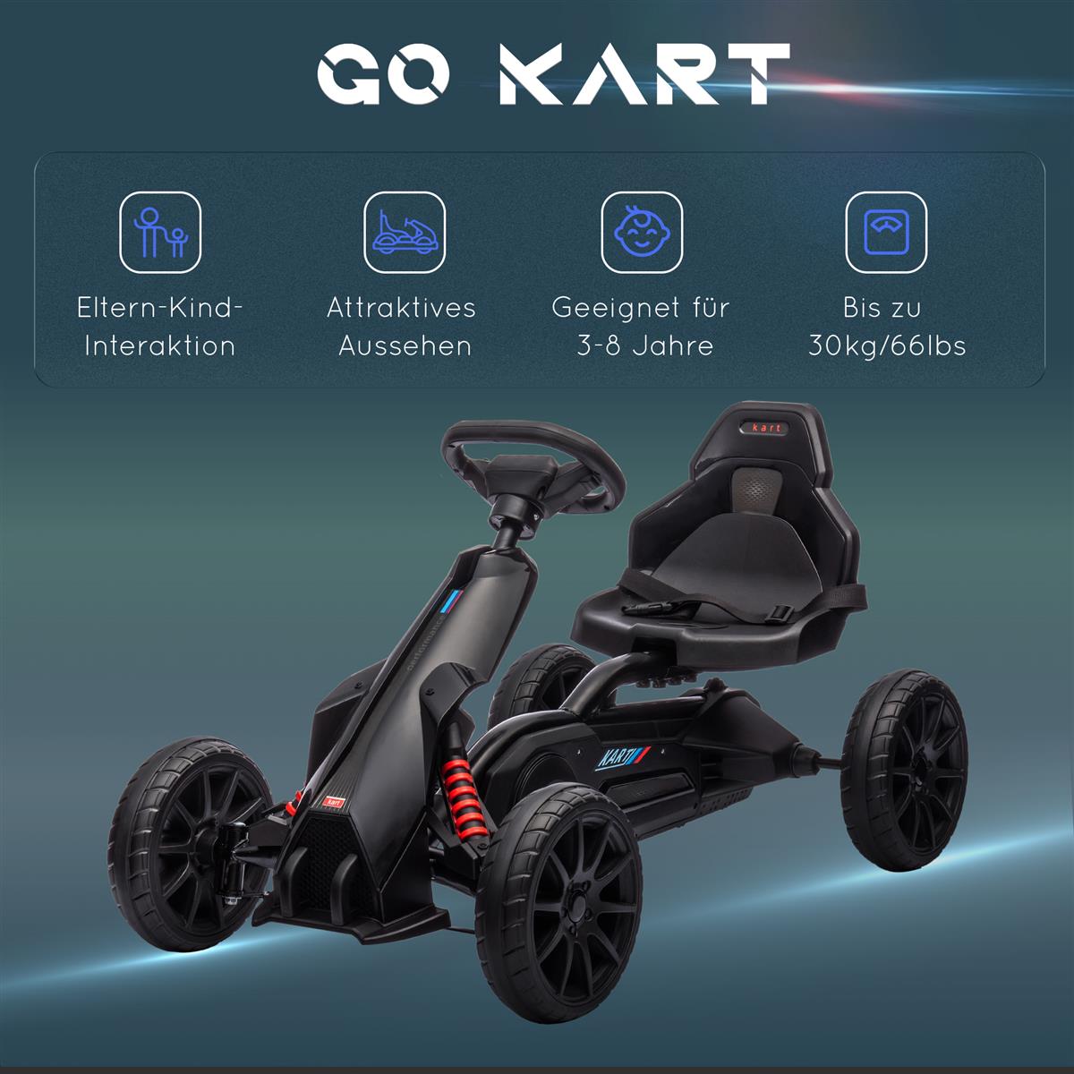 Go-Kart, Kinderfahrzeug mit verstellbarem Sitz, Tretfahrzeug, Tretauto mit Handbremse, 3-8 Jahre, Outdoor, Schwarz