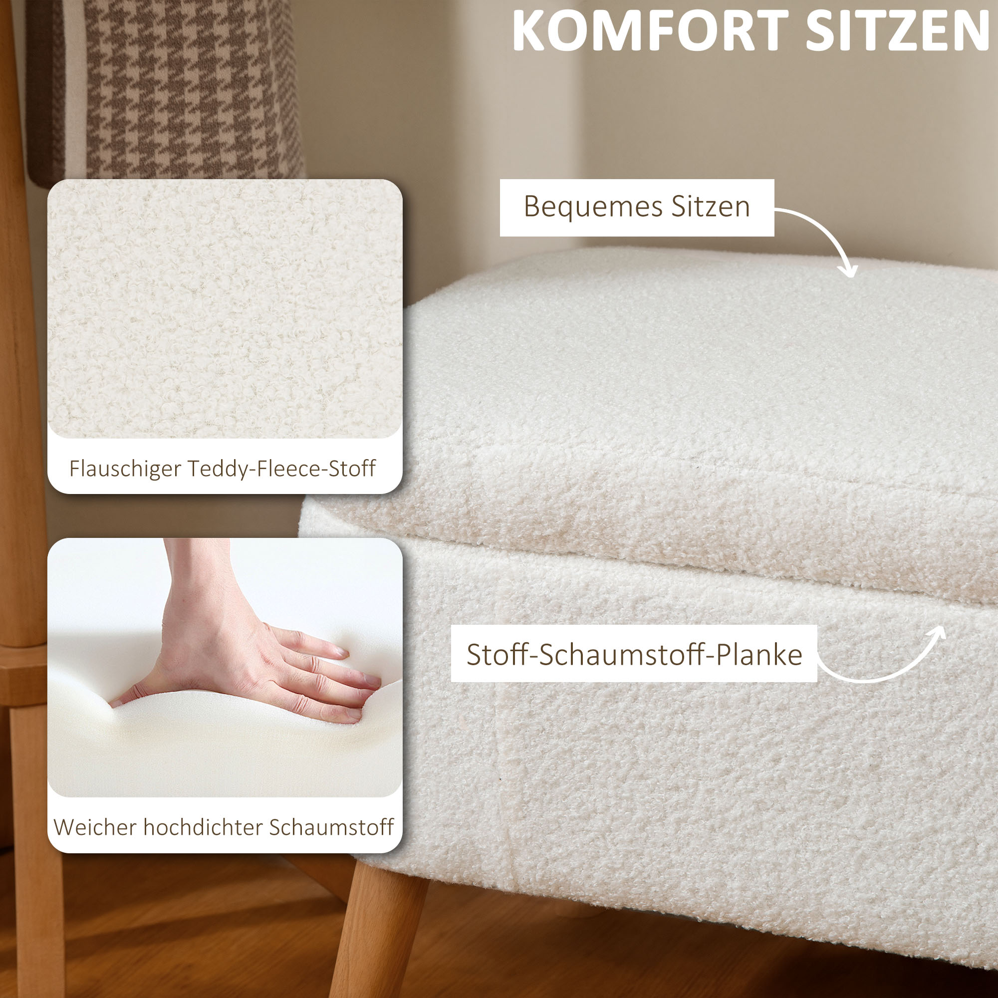 Aufbewahrungshocker, Sitzhocker mit 65 L Stauraum, Fußhocker, Fleece-Stoff, Kautschukholz, Schaumstoff, 120 x 42 x 45 cm, Cremeweiß