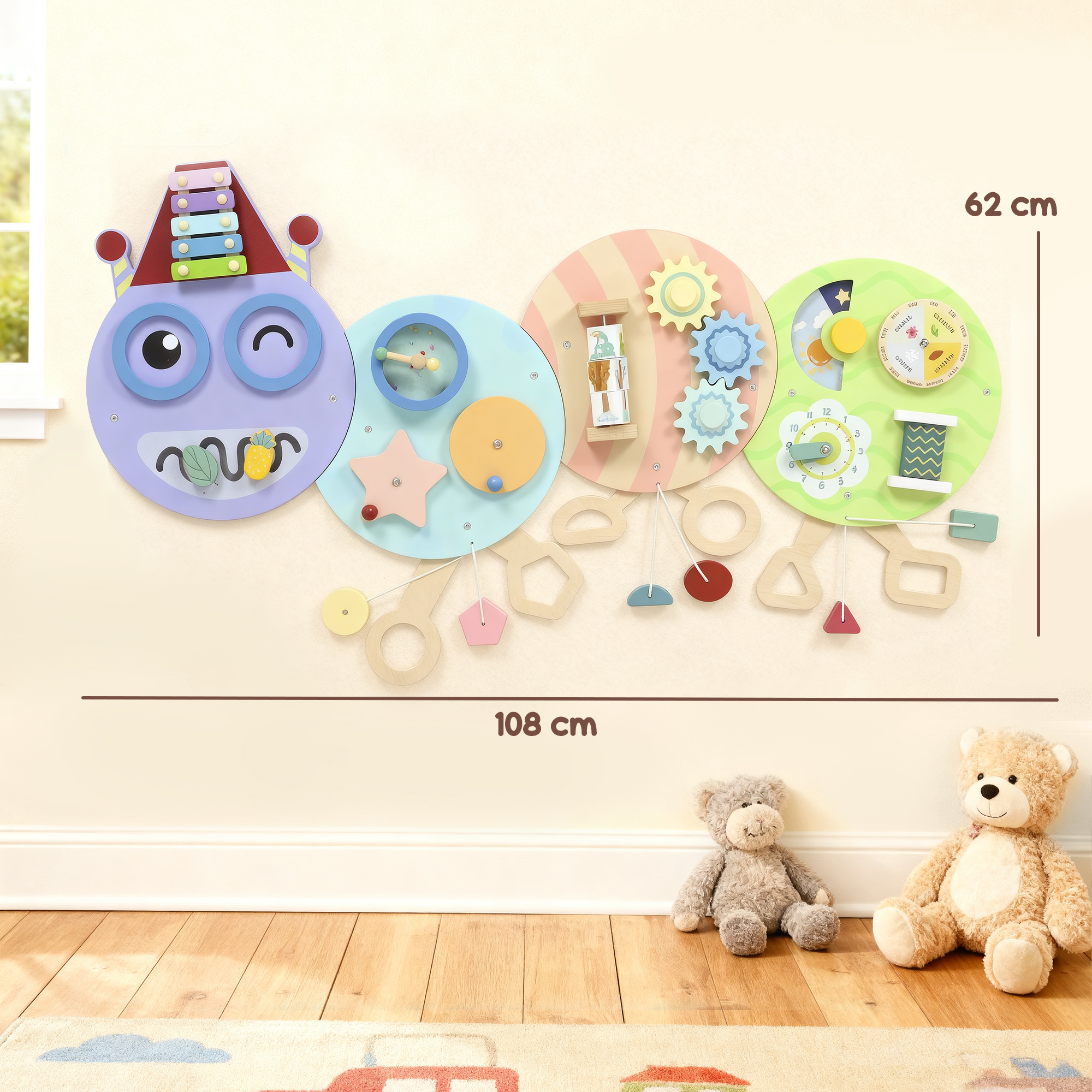 7-in-1 Wandspielzeug, Xylophon, Zahnräder, Raupen-Design, MDF, 108 cm, Bunt