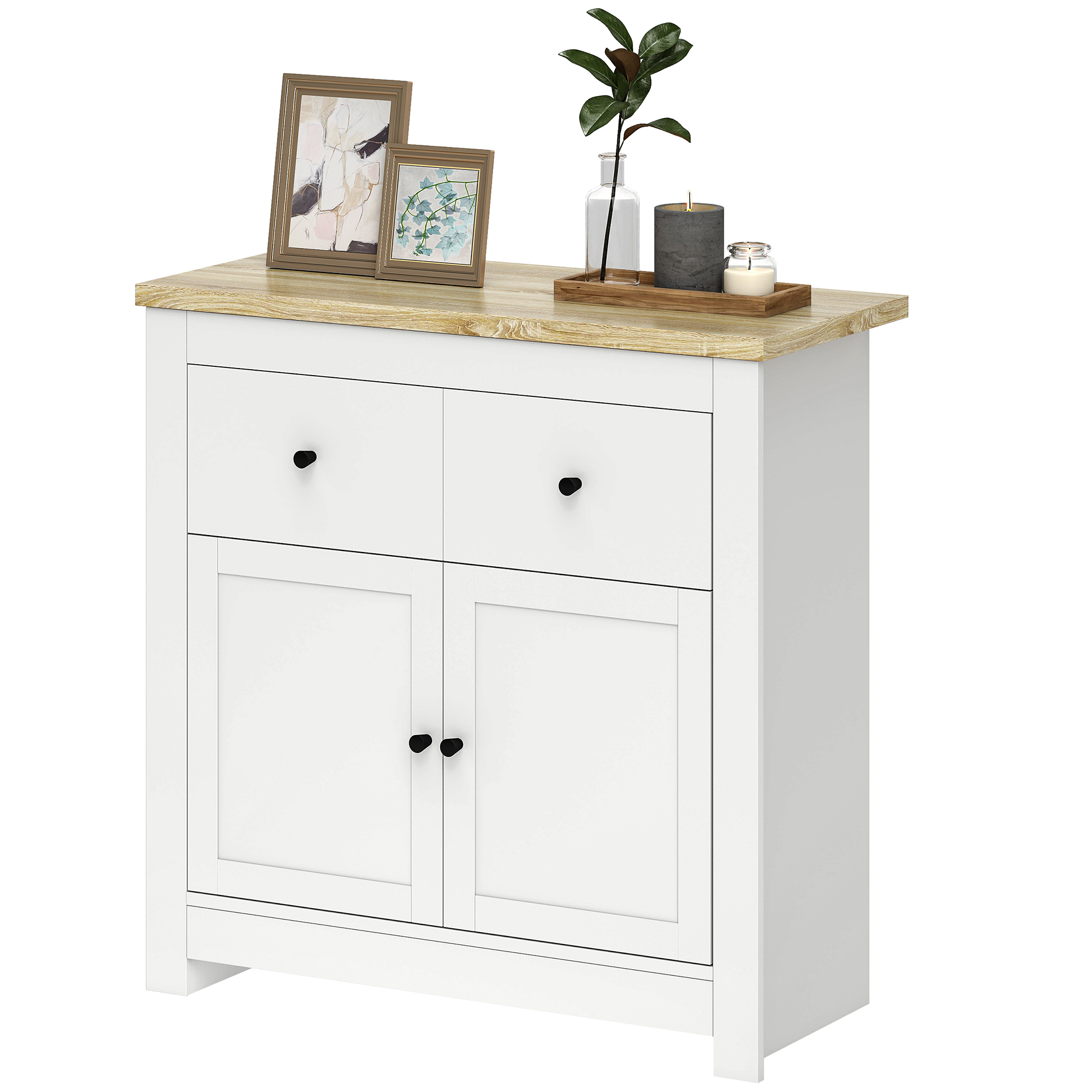 Kommode mit viel Stauraum, Sideboard mit Soft-Close-Türen, 2 Schubladen, verstellbares Regal, Weiß