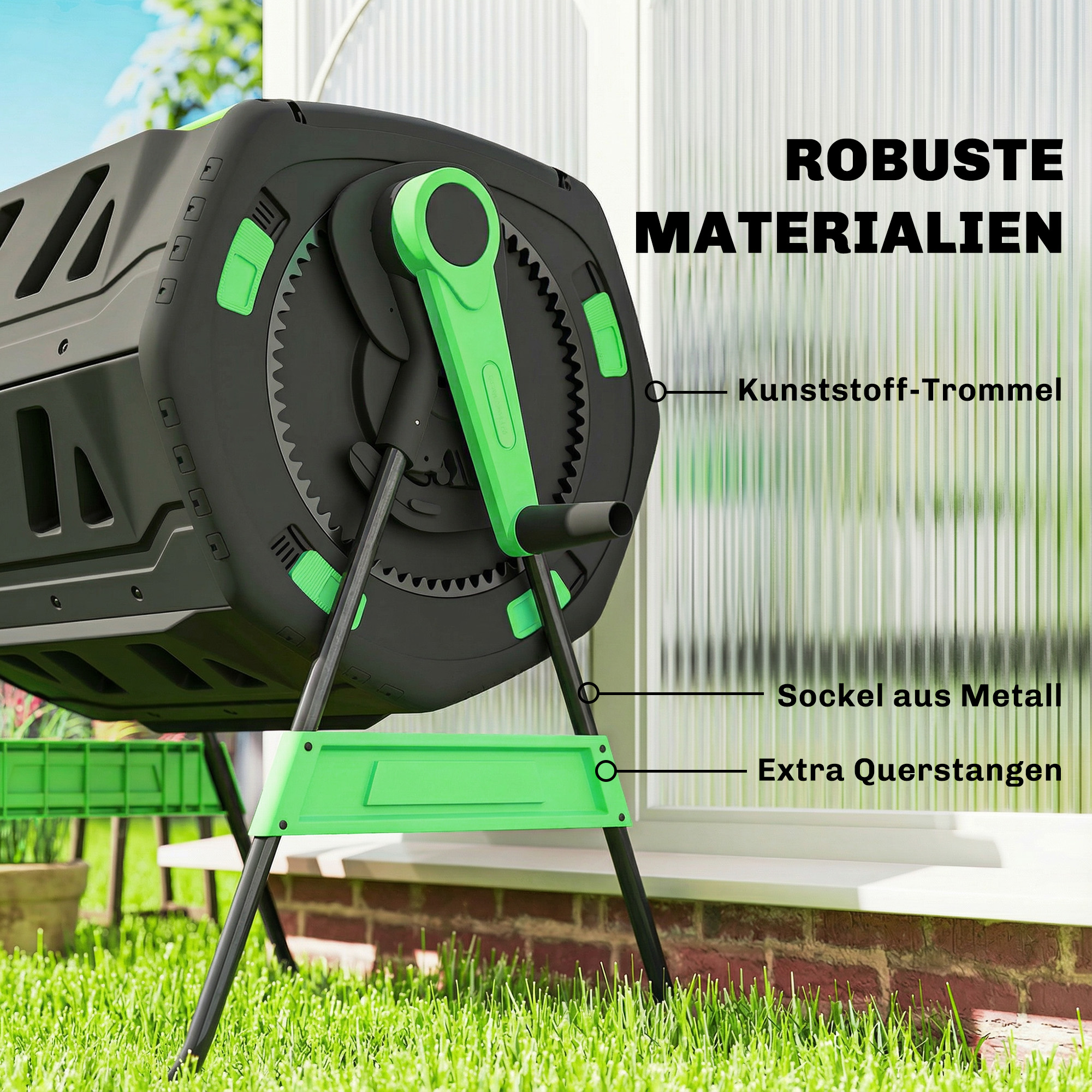 Kompostbehälter, 200L Dualkammer-Komposter mit verstellbaren Lüftungsschlitzen, BPA-frei, Grün