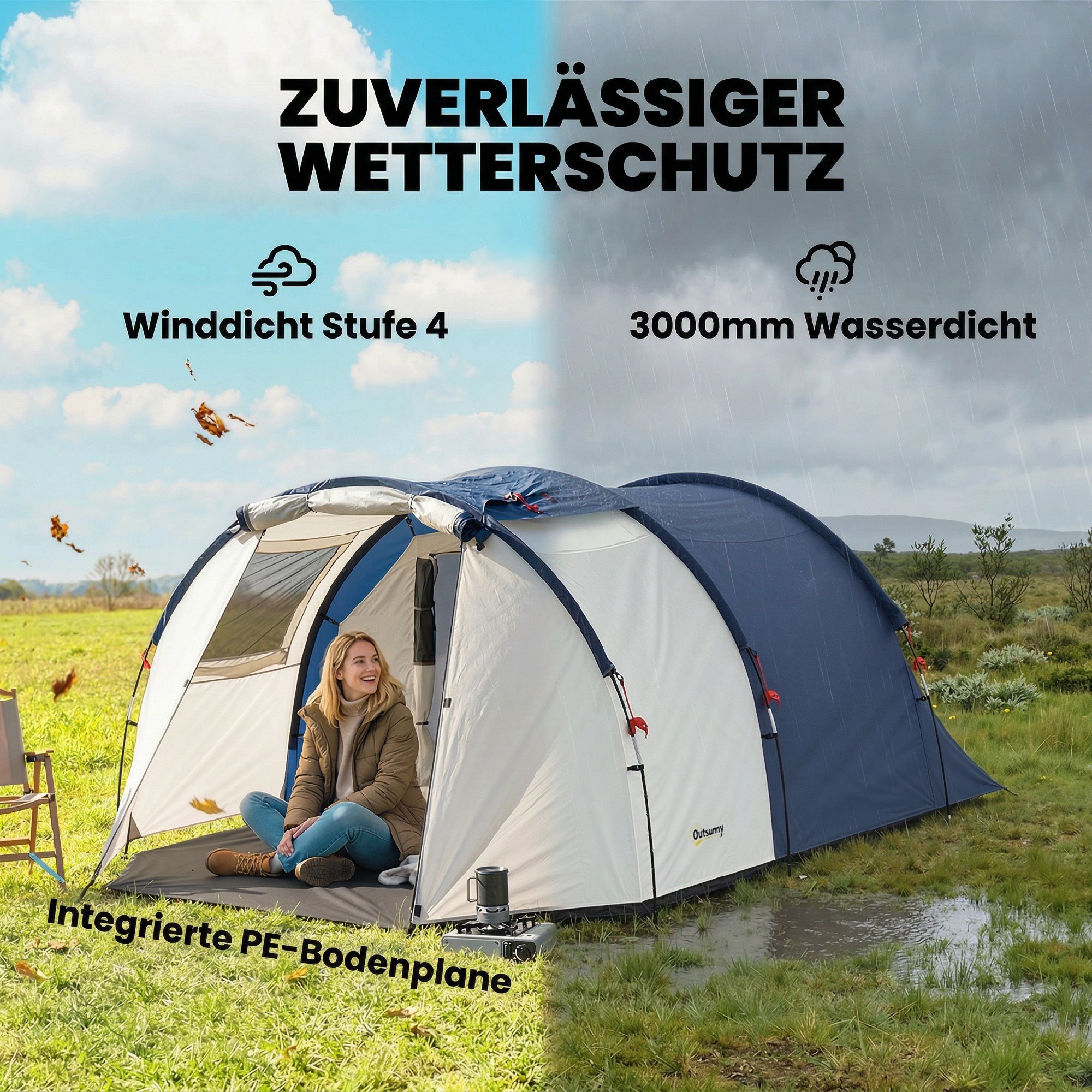 Tunnelzelt 4 Personen Familienzelt mit Schlaf- und Wohnzimmer Fenstern Bodenplane Stehhöhe 3000 mm Wassersäule