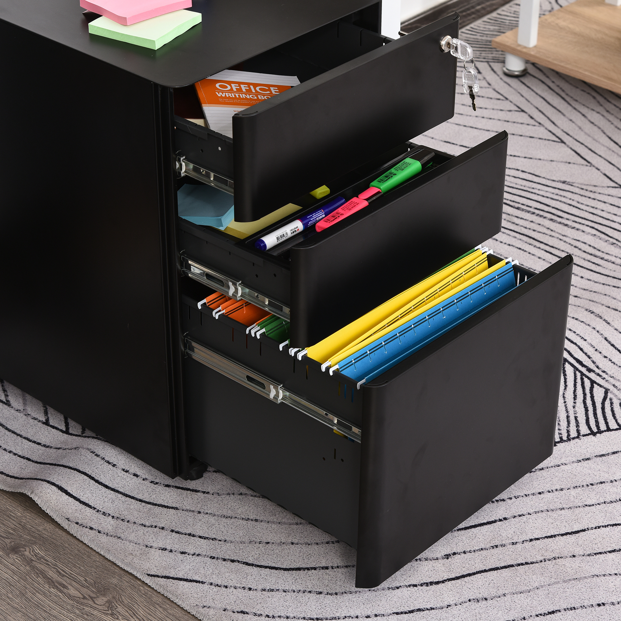 Rollcontainer, mobiler Aktenschrank mit 3 Schubladen, abschließbarer Büroschrank mit Hängeregistratur, Aufbewahrung, Stahl, 39 x 48 x 59 cm Schwarz