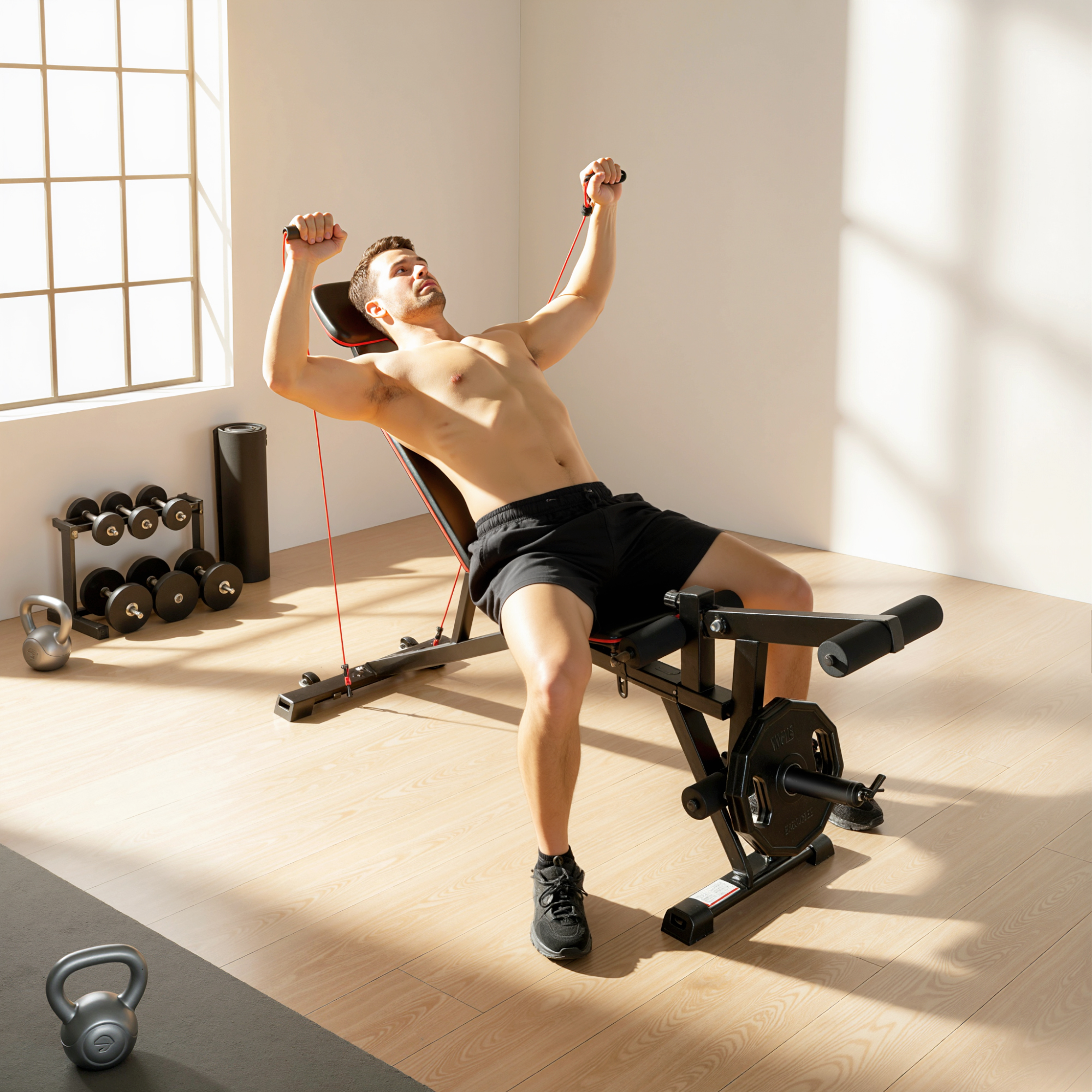 Hantelbank verstellbar bis 300 kg 3 in 1 Trainingsbank mit Rollen Beinstrecker Curlpult Kopfstütze Widerstandsbändern