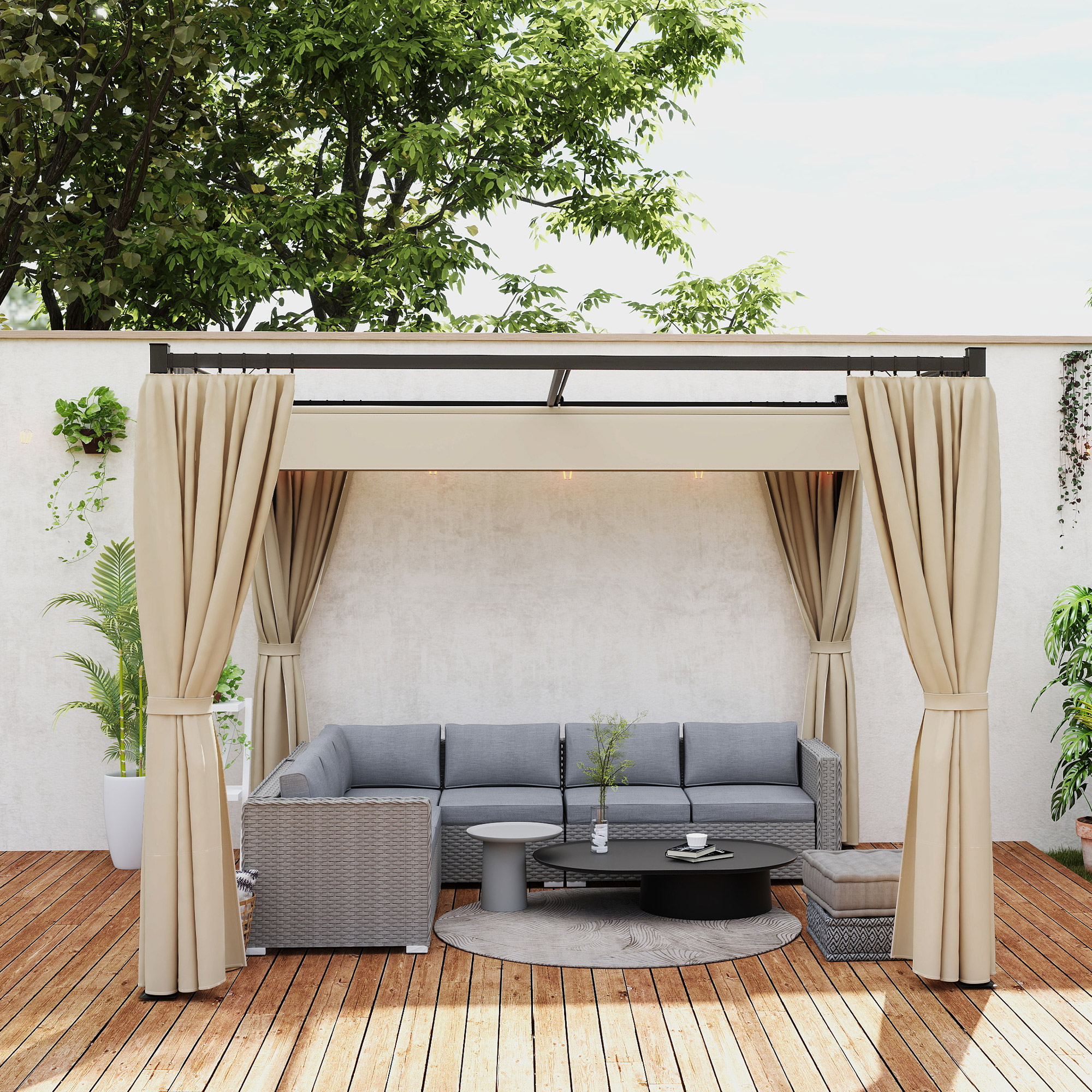 Pergola 3 x 3 m Freistehend Terrassenüberdachung mit Schiebedach, 4 Seitenwände UV-beständig Beige