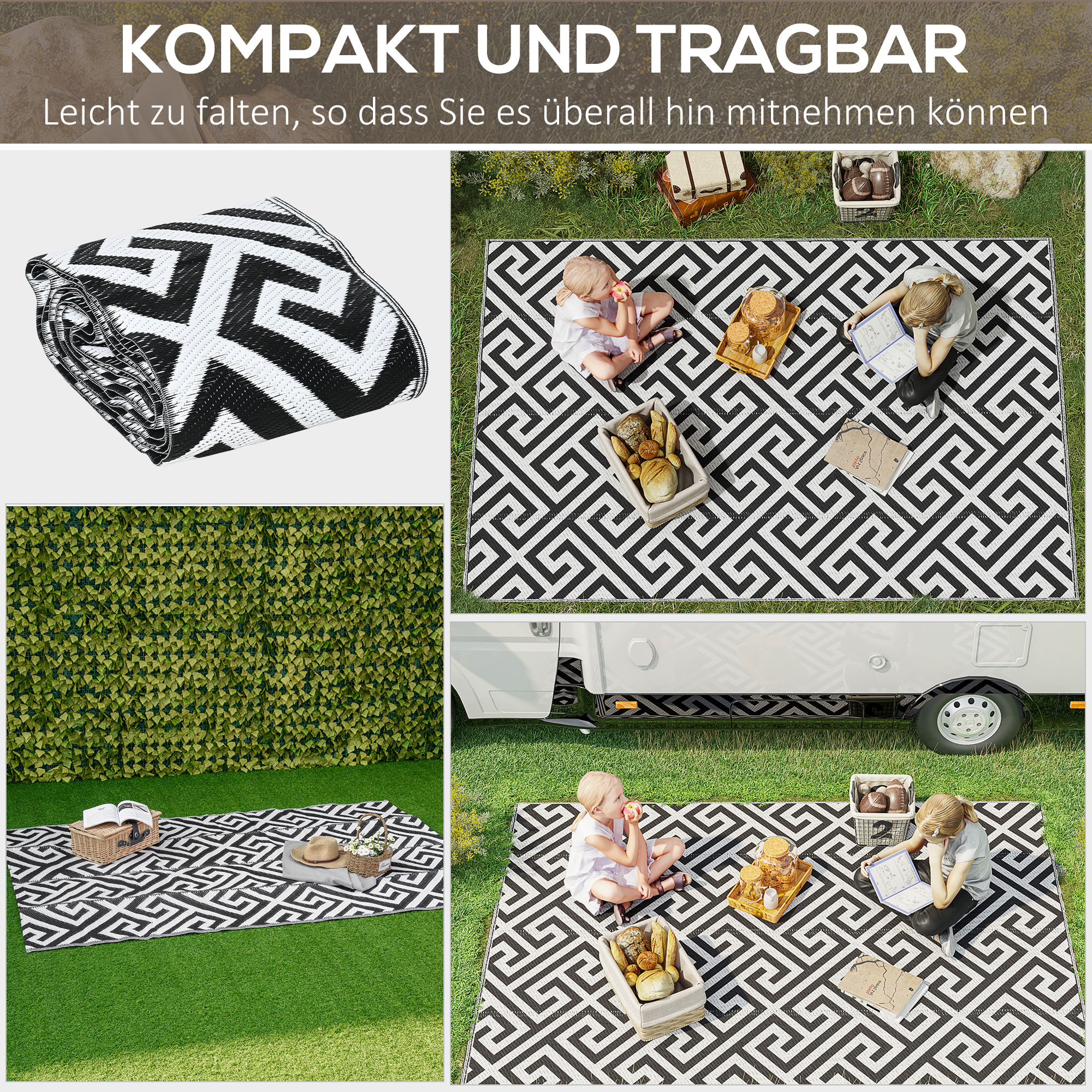 Outdoor-Teppich, beidseitig nutzbar, strapazierfähig, Rand gegen Ausfransen, schwarz+weiß, 152 x 243 cm
