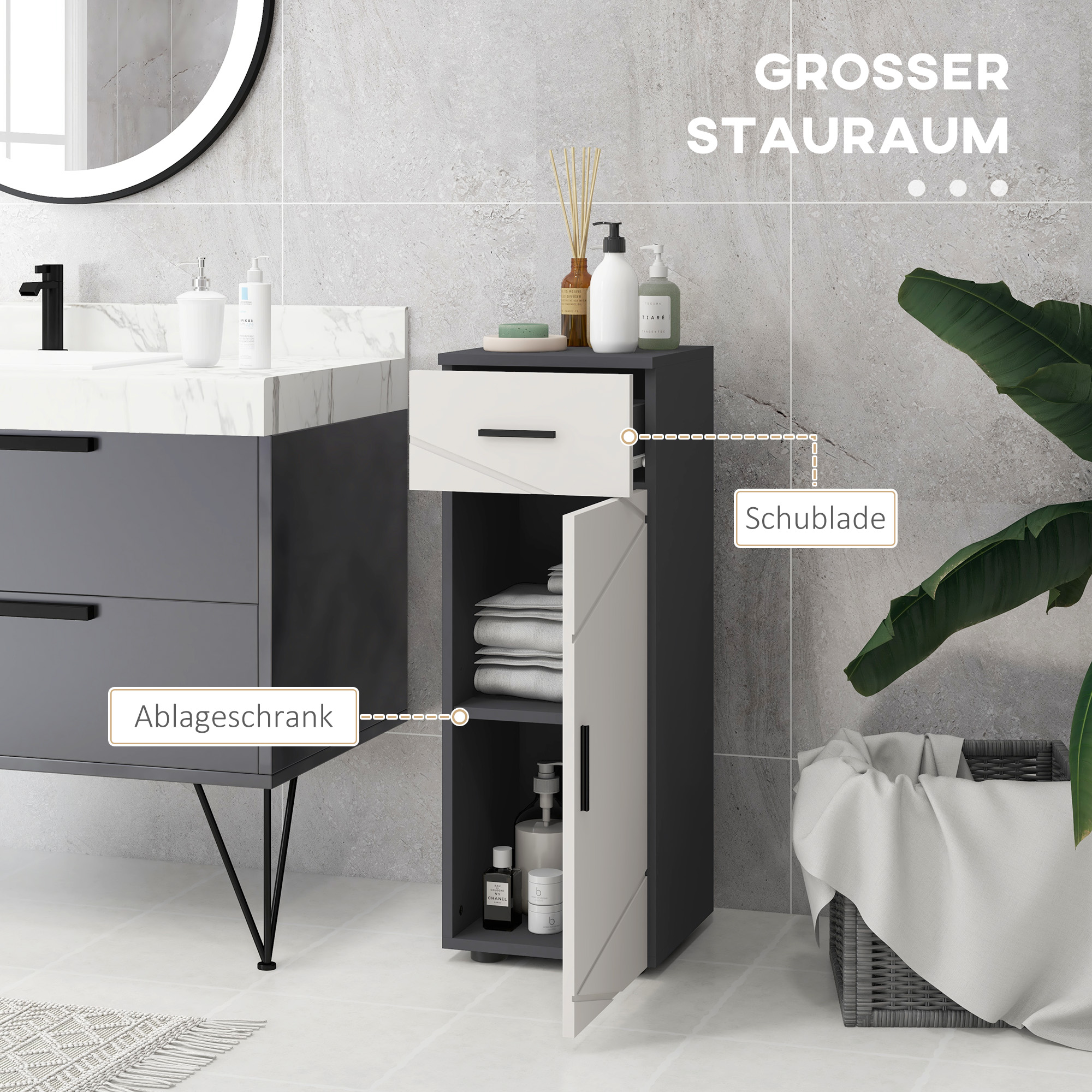 Badezimmerschrank, Badkommode, verstellbare Regale, bis zu 25 kg belastbar, Grau