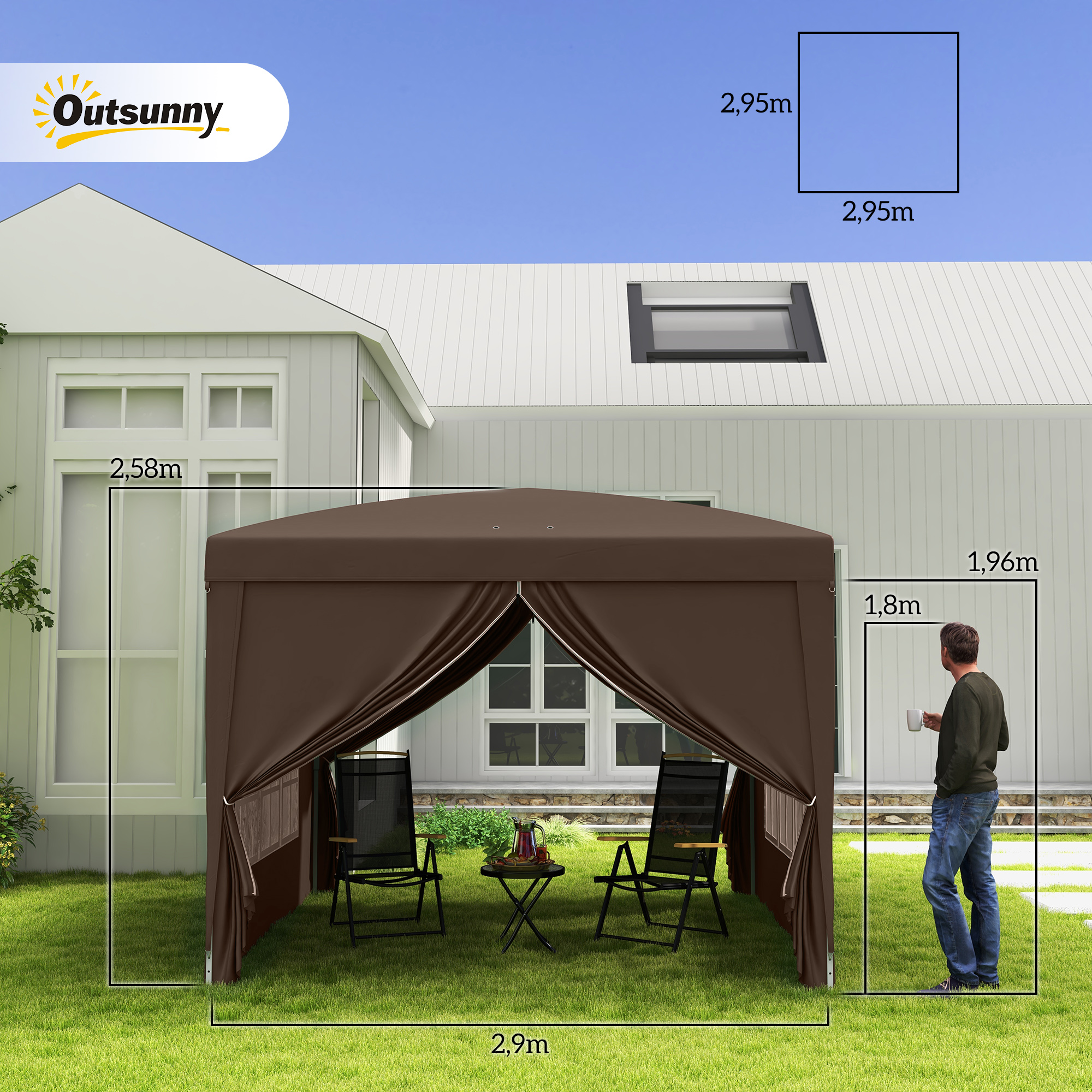 3 x 3 m Pavillon mit 4 Seitenwänden, Fenster, Festzelt mit UV-Schutz, Gartenzelt inkl, Tragetasche, Stahl, Kaffee