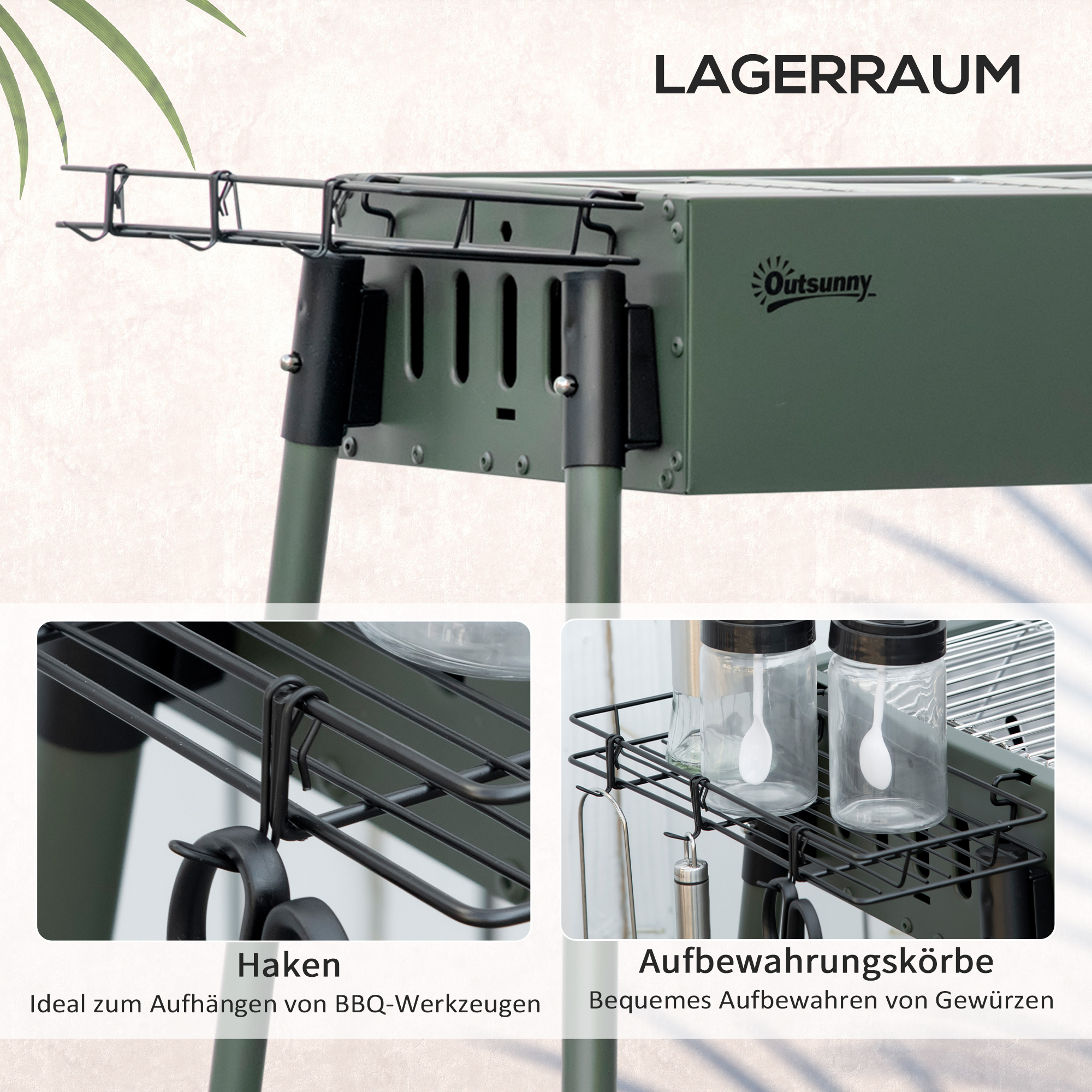 Holzkohlegrill, 2x Grillrost, 1x Kohlegitter, 2x Seitenkorb, rostfreier Stahl, dunkelgrün, 94 x 39 x 70 cm