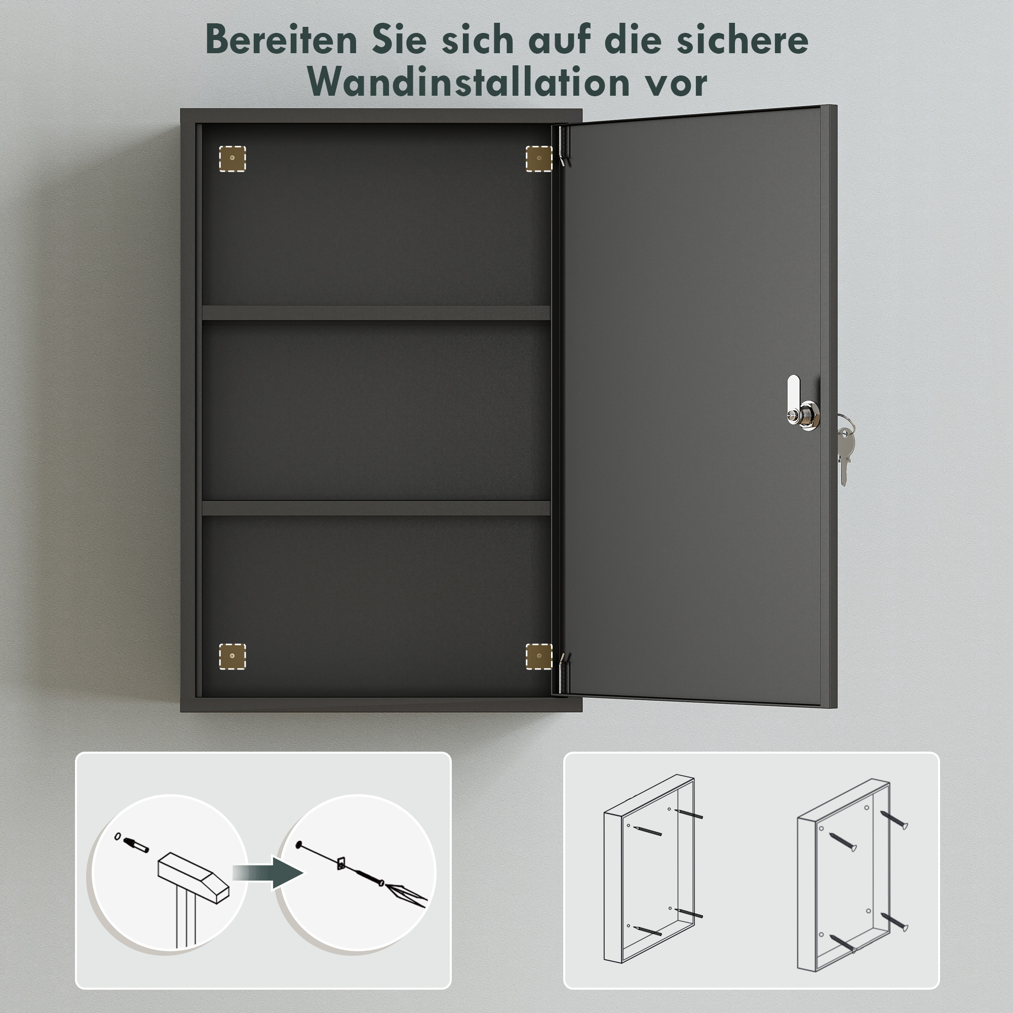 Wand-Medizinschrank, Badezimmerschrank mit 3 Regalböden, 2 Schlüsseln, 40 x 18 x 60 cm, Schwarz
