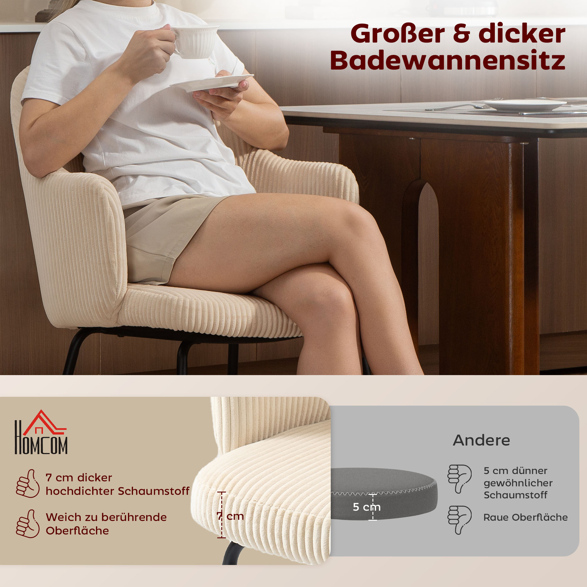 Esszimmerstuhl, Cordbezug, Schalenform, Metallbeine, Fußpolster, Beige