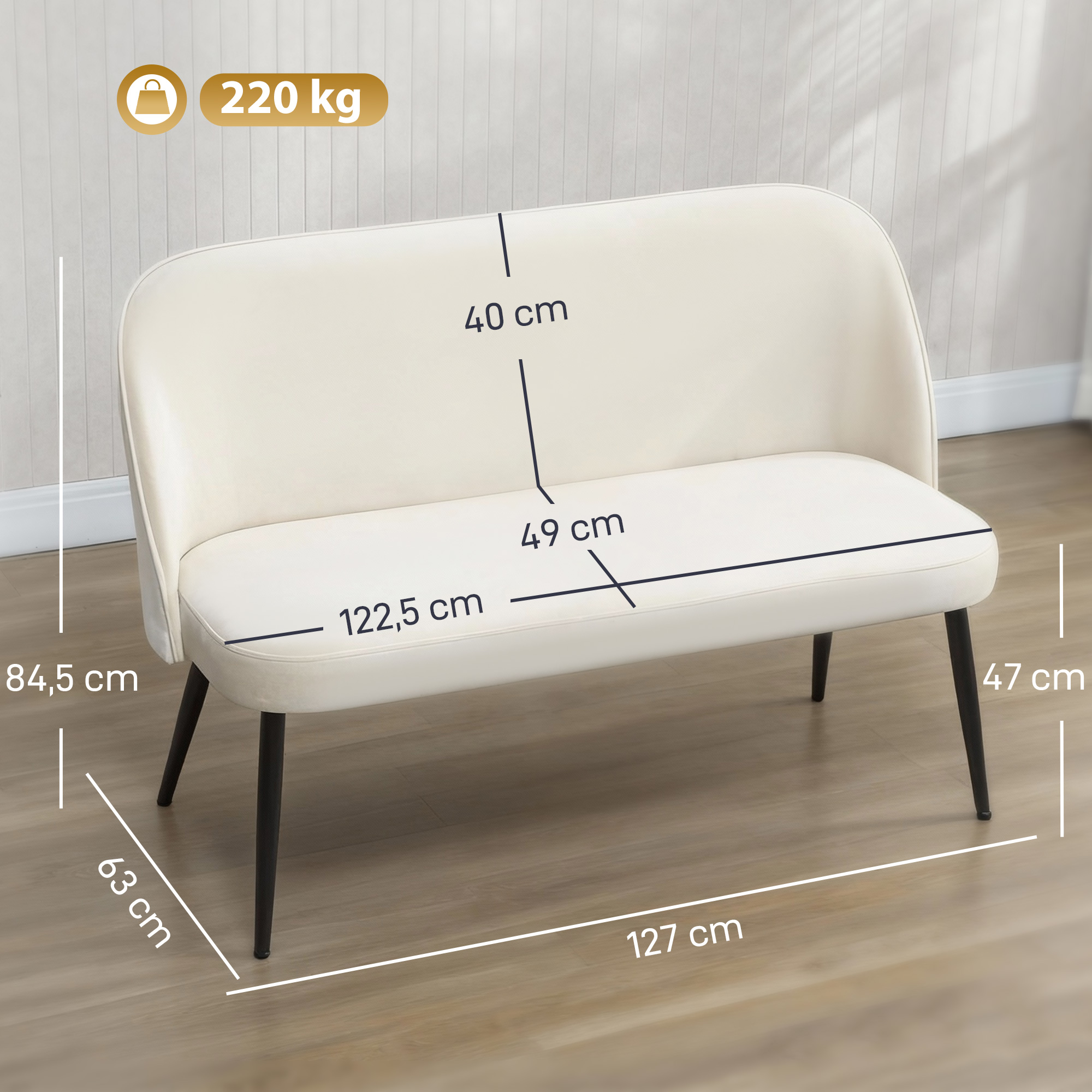 2-Sitzer-Sofa, moderne Polstercouch mit Metall- und Holzrahmen, samtartiger Stoffbezug, Beige