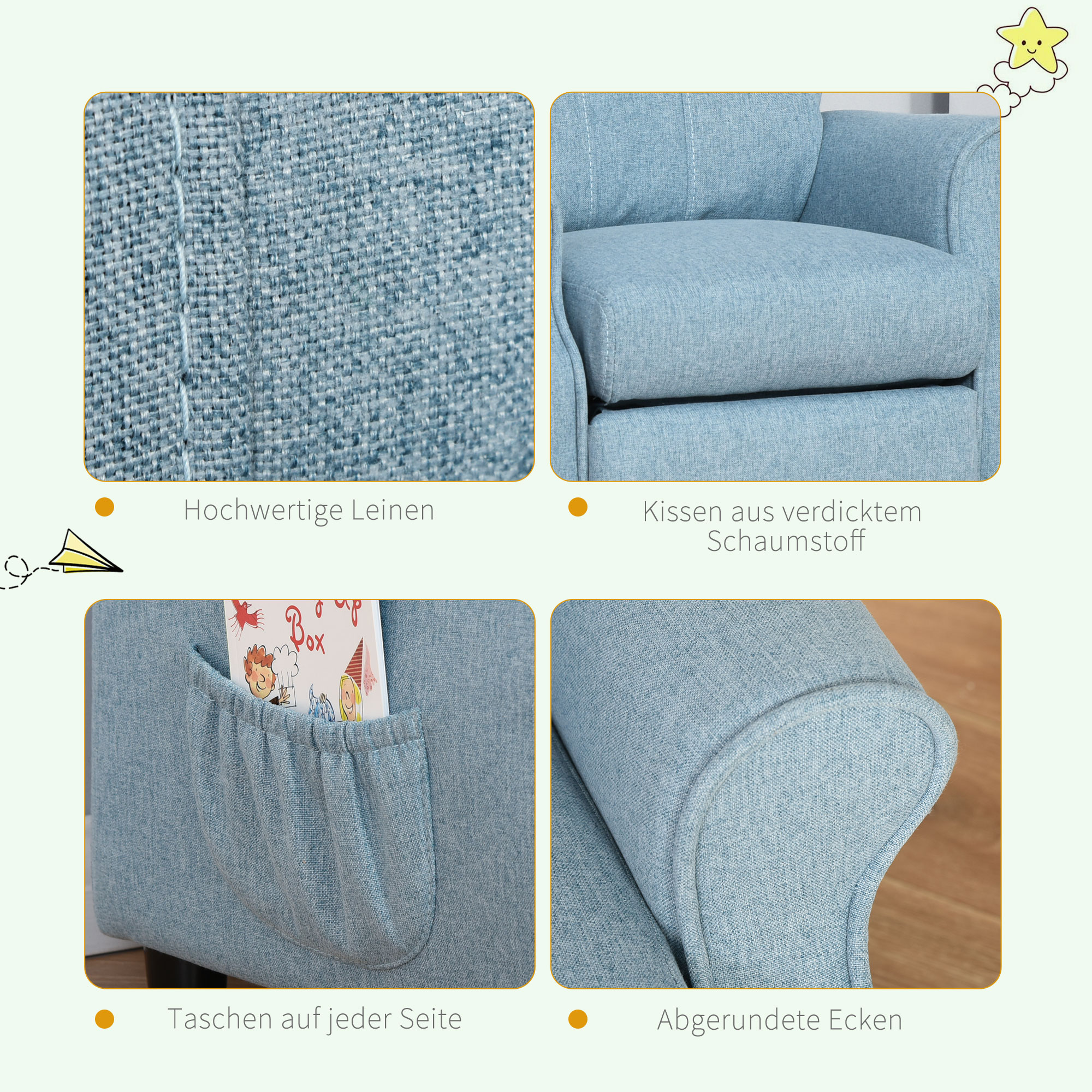 Kindersofa Kindercouch Kindersessel Stuhl Liegesofa verstellbar mit Fußstütze für 3-5 Jahre Jungen und Mädchen Blau 58 x 53 x 70 cm