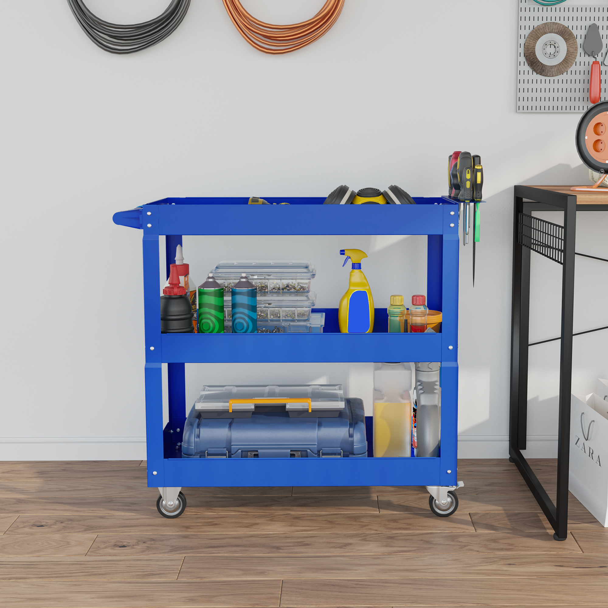 3-stufiger Werkzeugwagen, 4 Rollen, Stahl, 83B x 35,3T x 76H cm, Blau