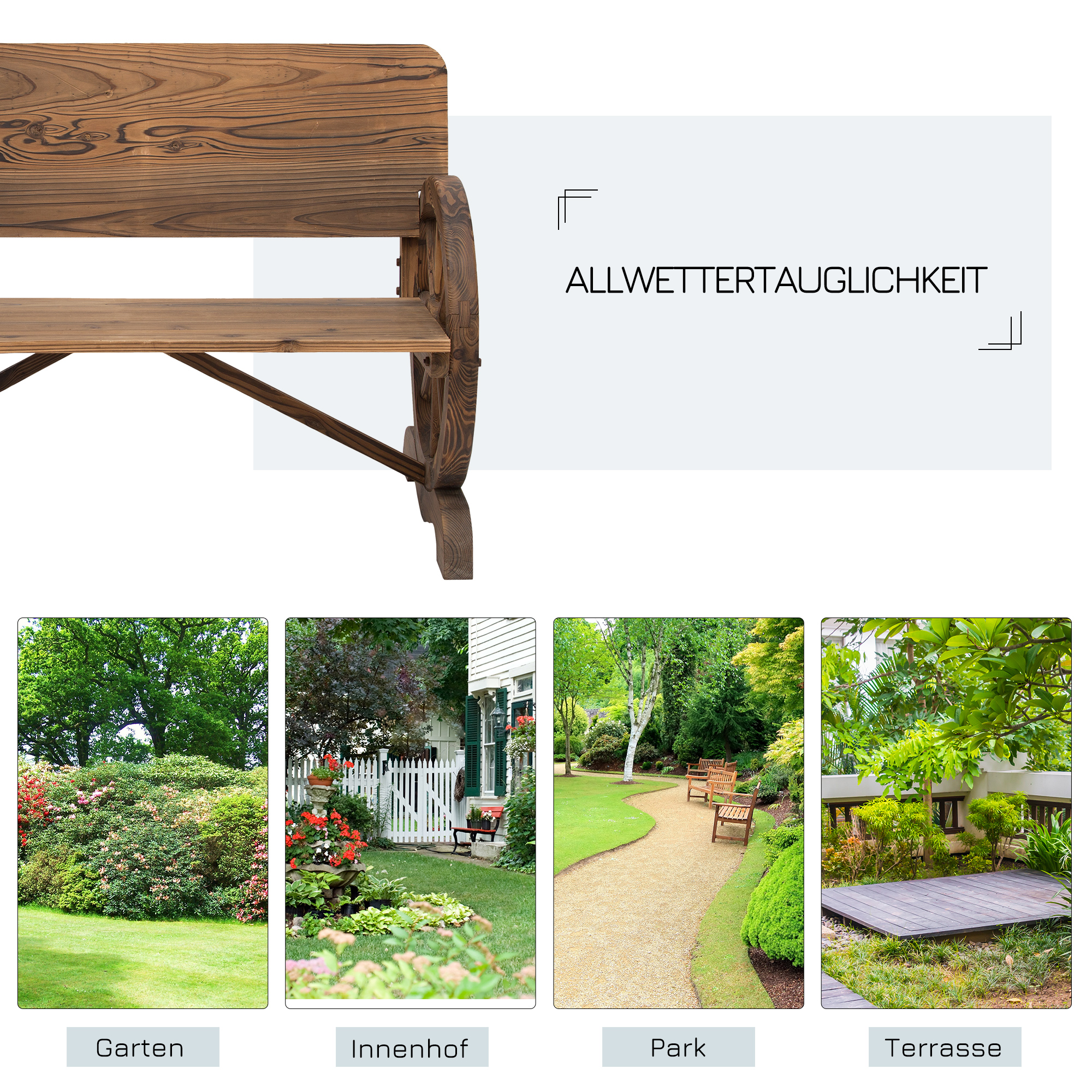 2-Sitzer Gartenbank Massivholz mit Armlehne, Sitzbank mit Wagenräder-Design, Gartenmöbel 250kg belastbar, Rustikale Bank, 114 x 58 x 80 cm, Braun