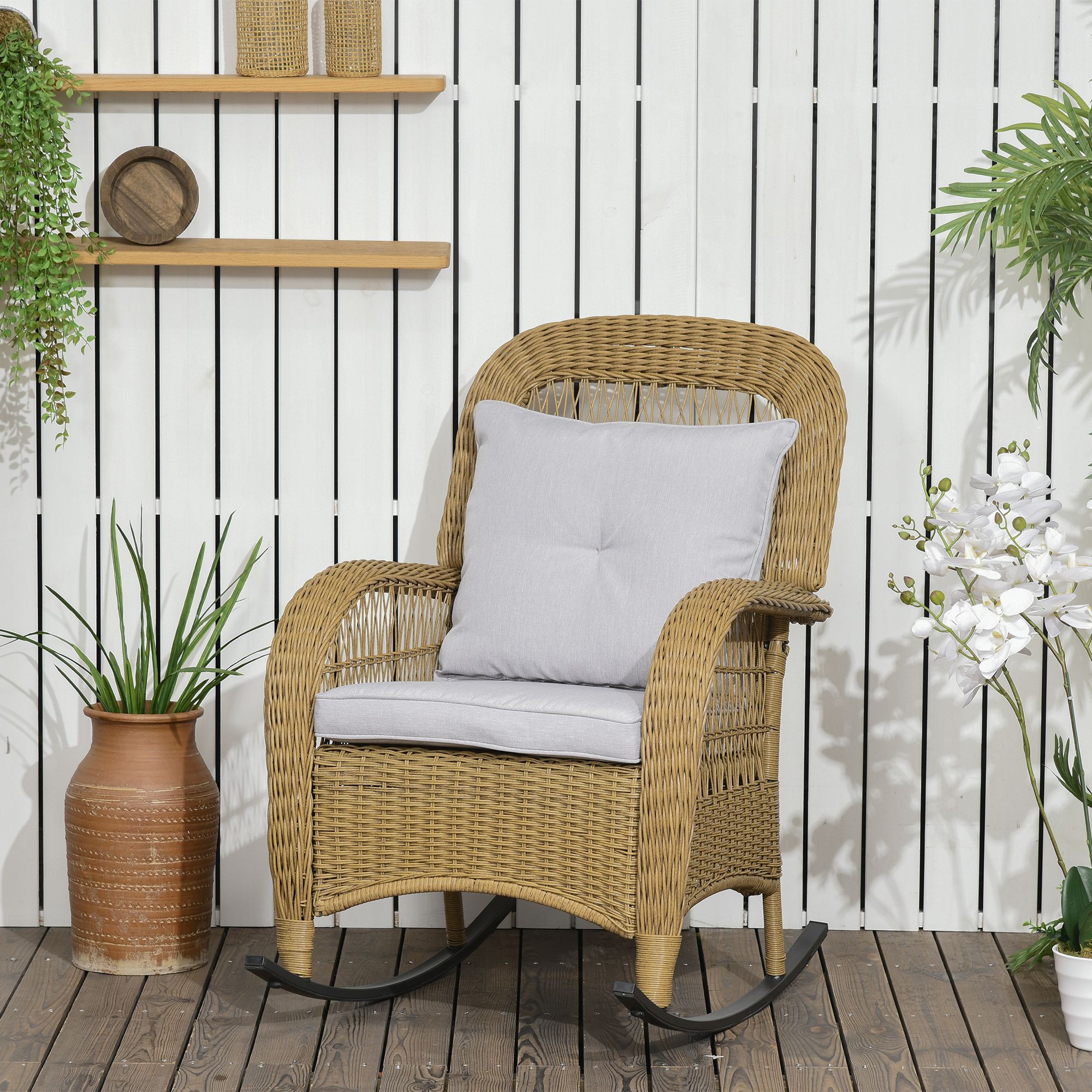Schaukelstuhl im Boho-Stil, PE-Rattan, Rattan-Schaukelstuhl, waschbare Polsterbezüge, Natur + Hellgrau