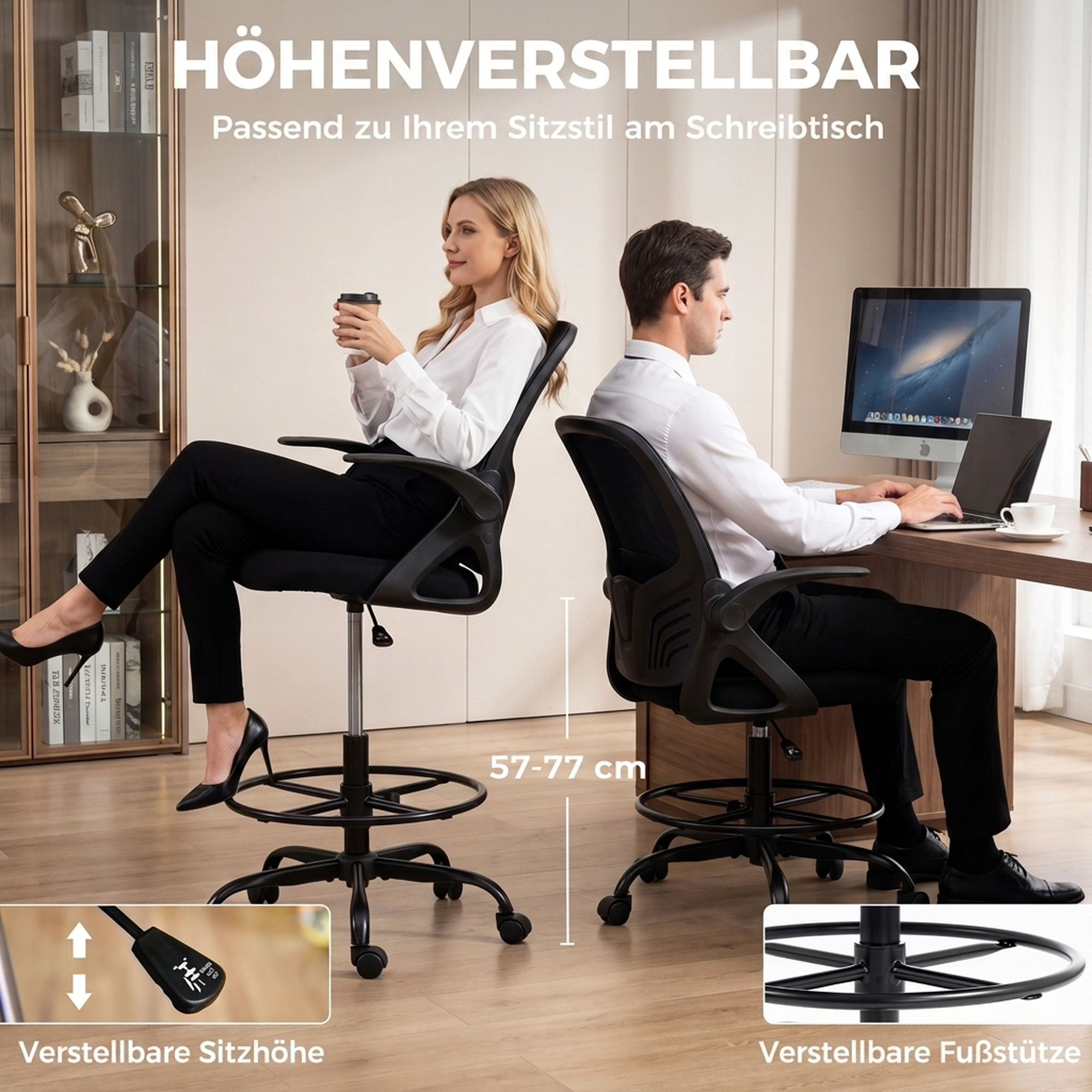 Zeichenstuhl mit verstellbarer Lendenstütze, Drehfunktion, Netzbezug, klappbaren Armlehnen, Höhenverstellung und Fußring, Schwarz