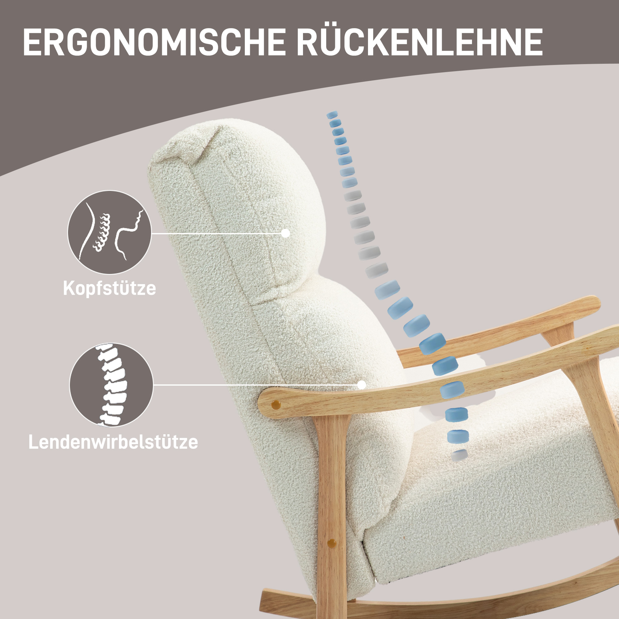 Schaukelstuhl, Stoffbezug in Samtoptik, Ergonomische Rückenlehne, 120 kg Belastbarkeit, 65B x 90T x 98H cm, Cremeweiß