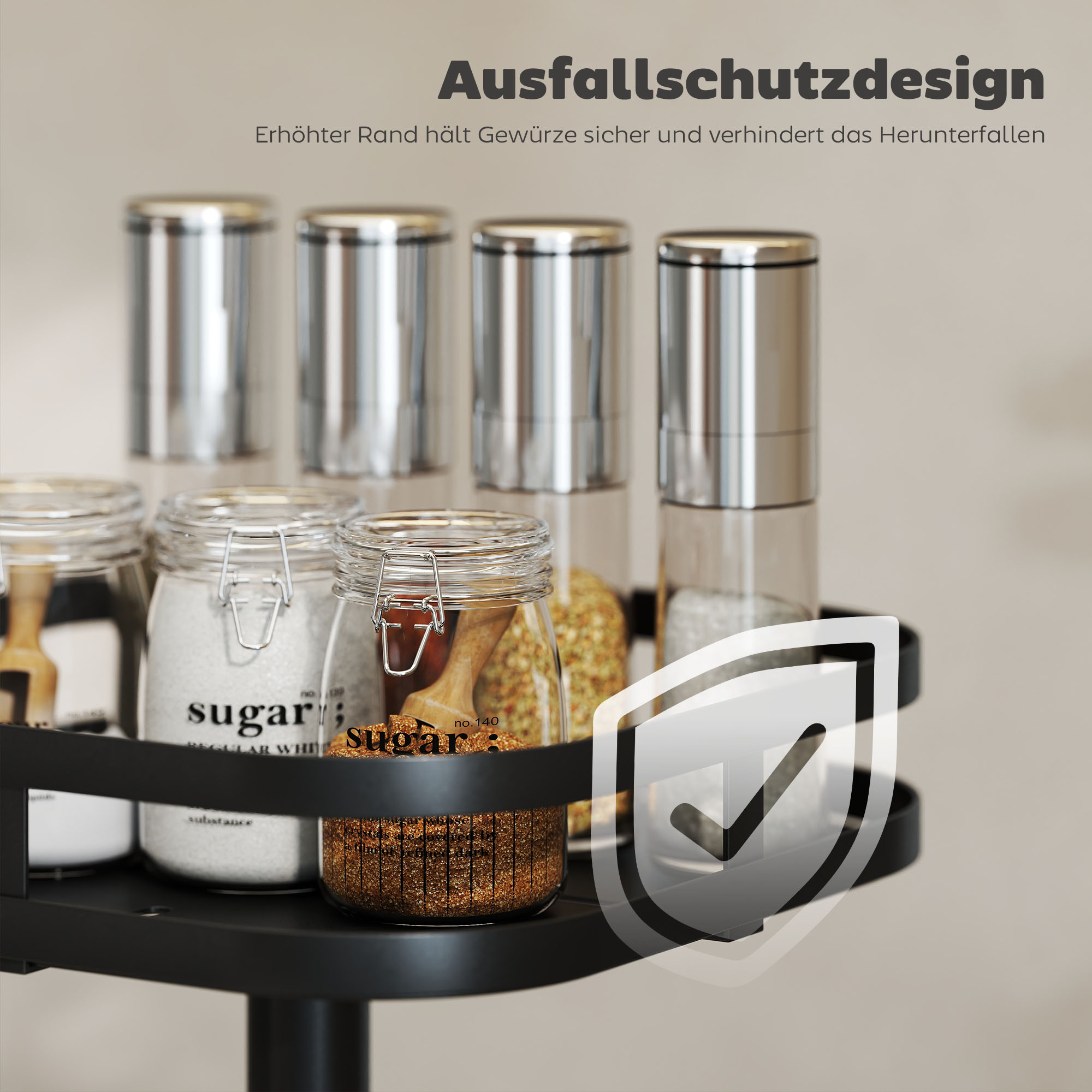 drehbares Gewürzregal, 2-stufiges Design, Saugfüße, Metall, Schwarz