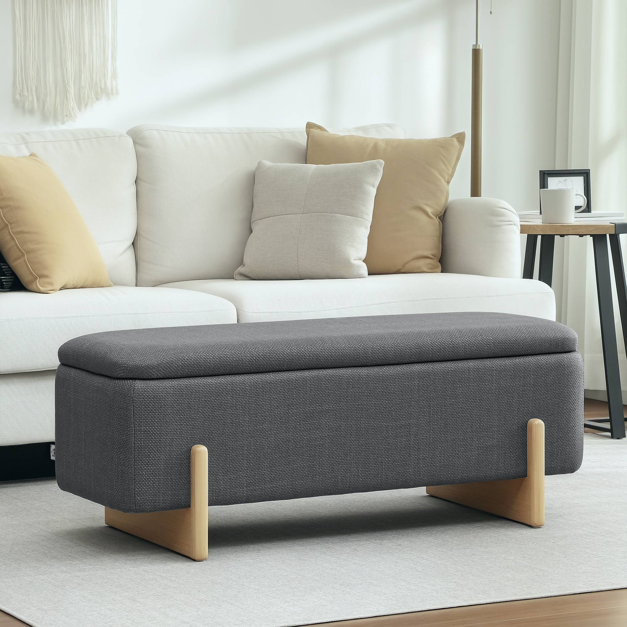 Hocker mit Stauraum, Sitzbank mit Schaumstoffpolsterung, Leinenimitat, 111 x 44 x 44,5 cm, Dunkelgrau