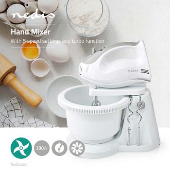 Handmixer | 200 W | 5 Geschwindigkeitsstufen | Turbo Funktion | Schüssel drehen / 2 Knethaken / 2 Quirle | Grau / weiß