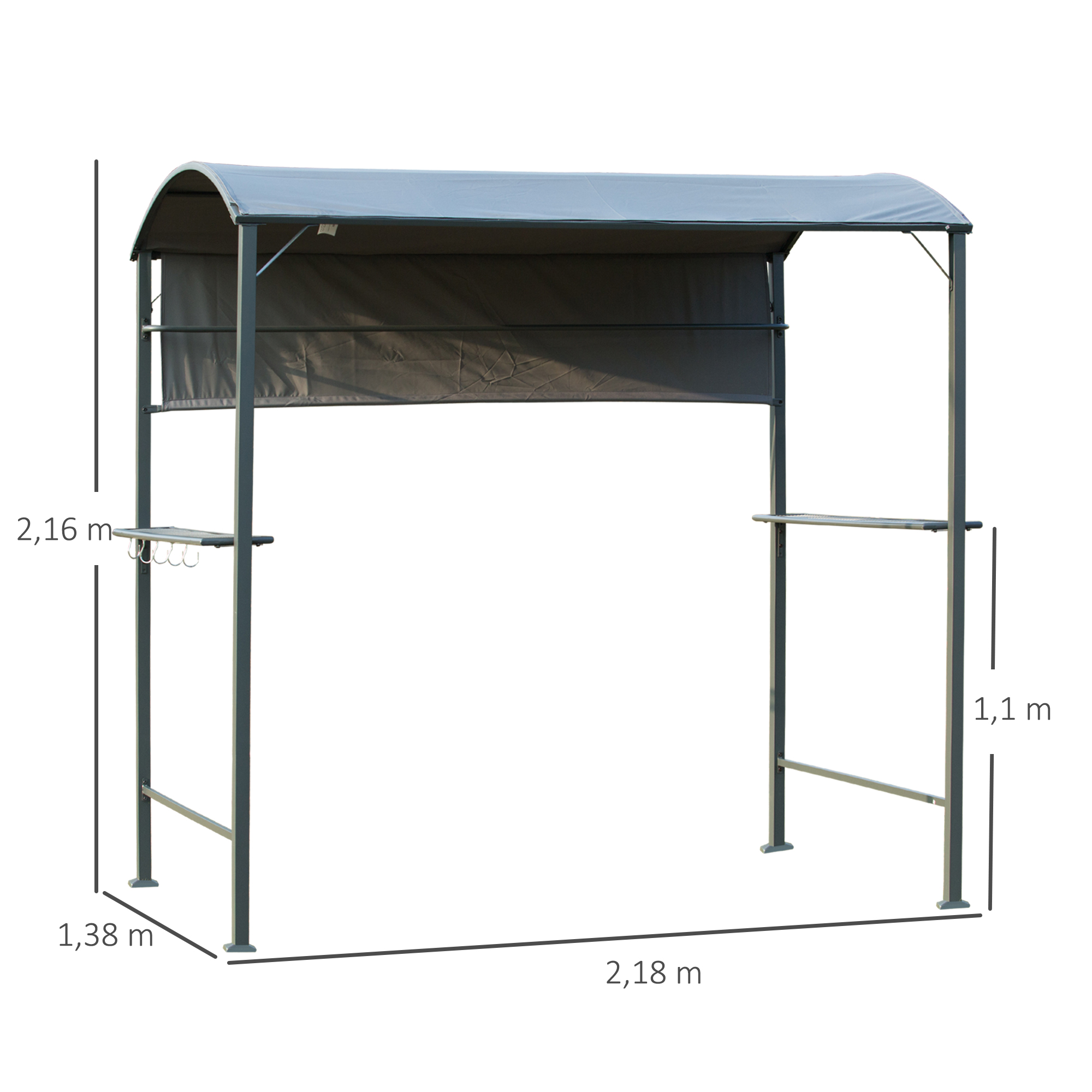 Grillpavillon mit Flammschutzdach, BBQ-Pavillon mit 2 Ablagen, Polyester, Schwarz, 218 x 138 x 216 cm