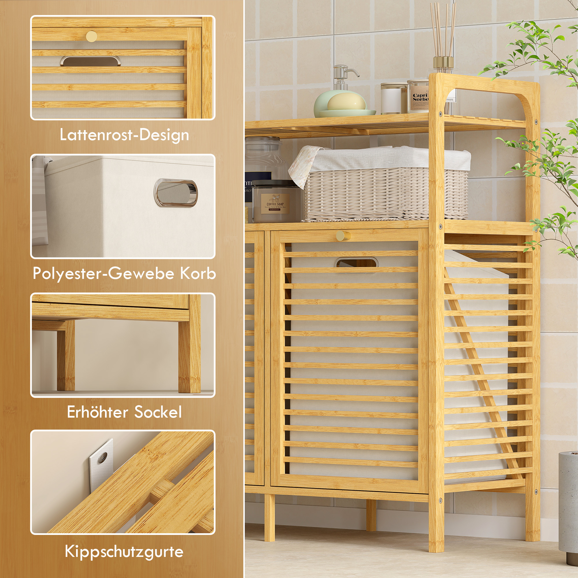 Wäscheregal mit 2 Wäschekörben, freistehendes Bambusregal für Badezimmer, Waschküche, Naturholz+Cremeweiß