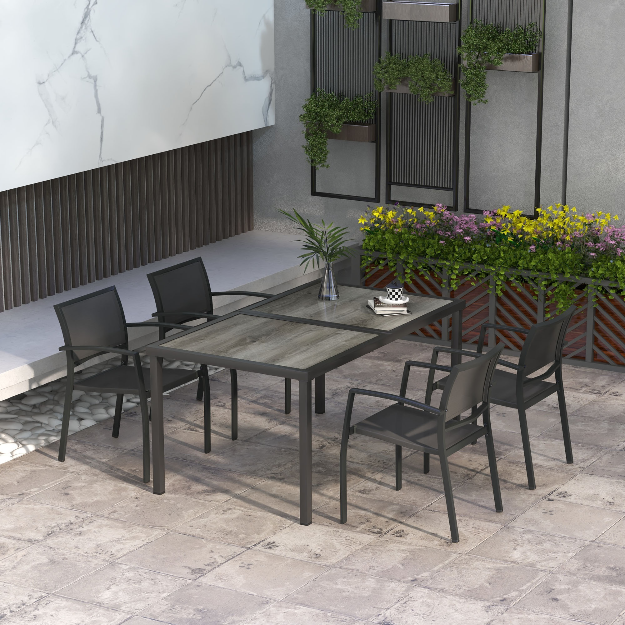 Gartenmöbel-Set Gartensitzgruppe, 1 Tisch, 4 Stühle, 150 x 87 x 72 cm, Grau