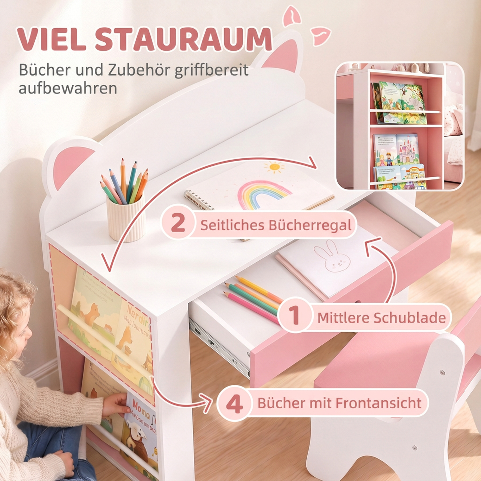Kindertisch mit Stuhl 2 teilige Kindersitzgruppe mit Bücherregal Schublade Fuchs-Design für Kinder 3-8 Weiß+Rosa