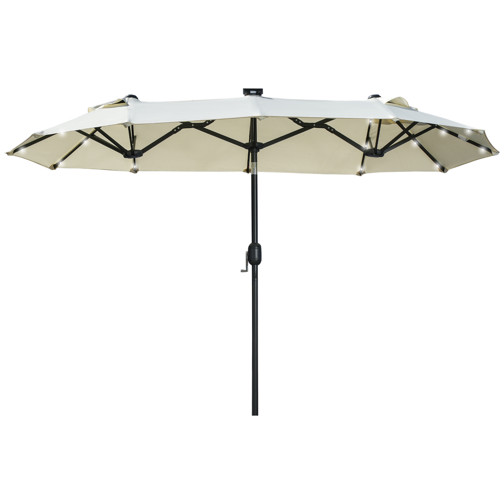 Doppelschirm, Terrassenschirm, neigbar, mit Solarpaneel, 35 LEDs, Stahlrahmen, beige, 2,92 x 1,50 x 2,18 m