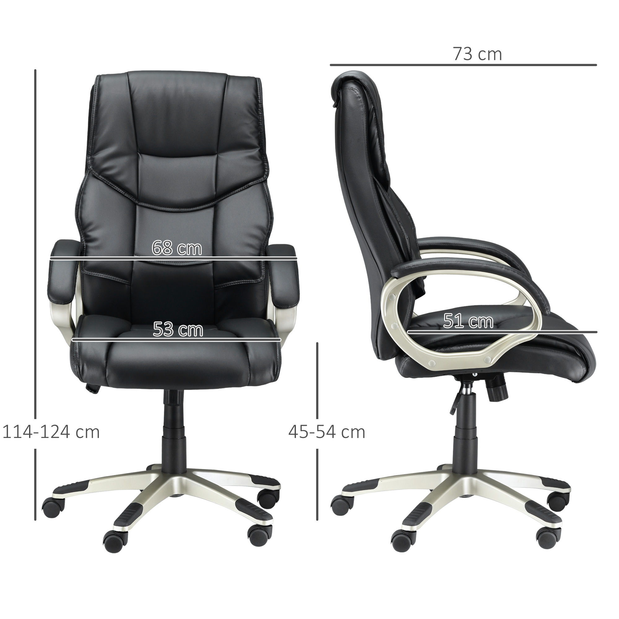 Bürosessel Chefsessel mit Wippfunktion Bürostuhl Schreibtischstuhl Ergonomischer Drehstuhl Sportsitz Hoher Rückenlehne Schwarz Kunsterleder Metall 70 x 58 x 114-124 cm