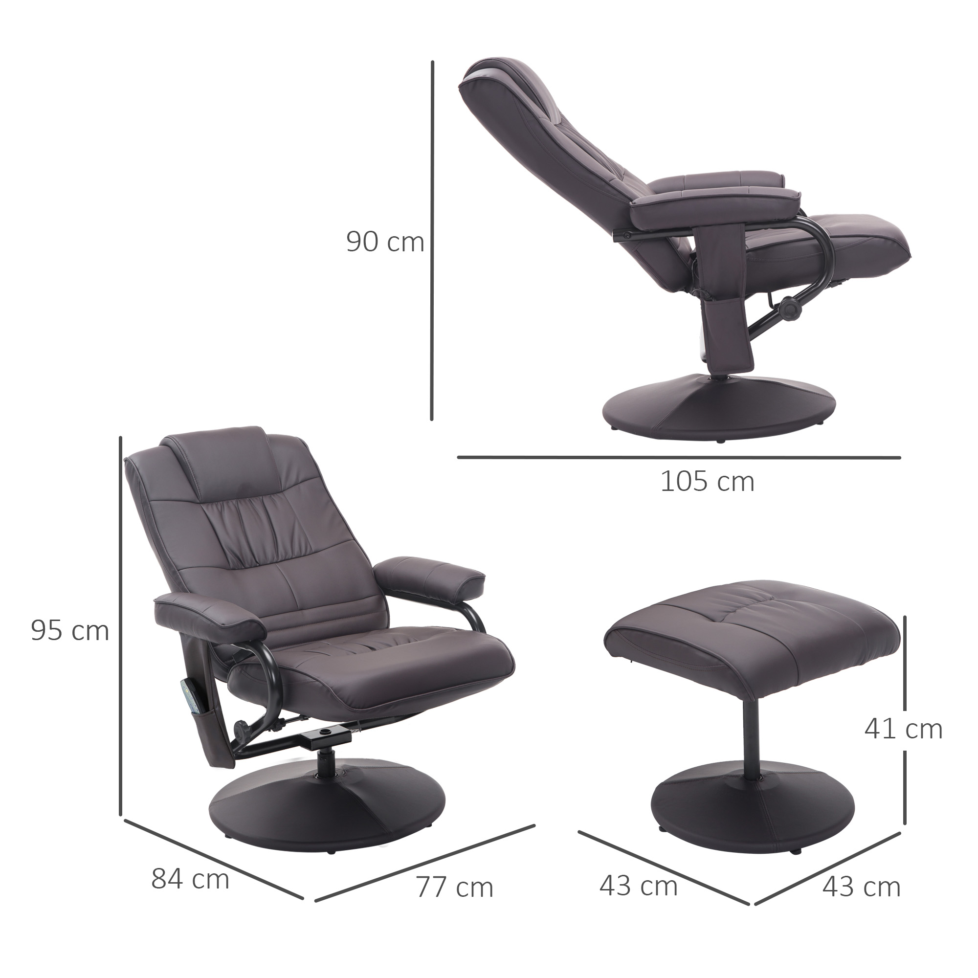 Massagesessel Relaxsessel, inkl. Fußhocker, 10 Vibrationspunkte, 1 Fernbedienung; 77 cm x 84 cm x 95 cm, Braun
