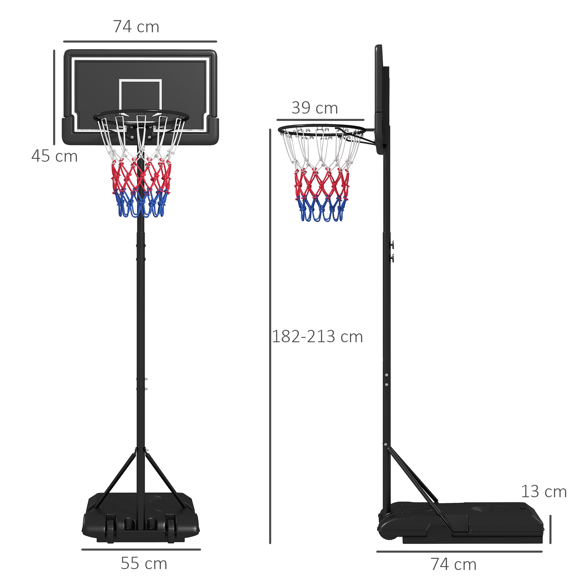 Basketballständer, höhenverstellbar, mobil, befüllbar, bruchsichere Rückwand, Korbhöhe 1,82 - 2,13 m, Schwarz