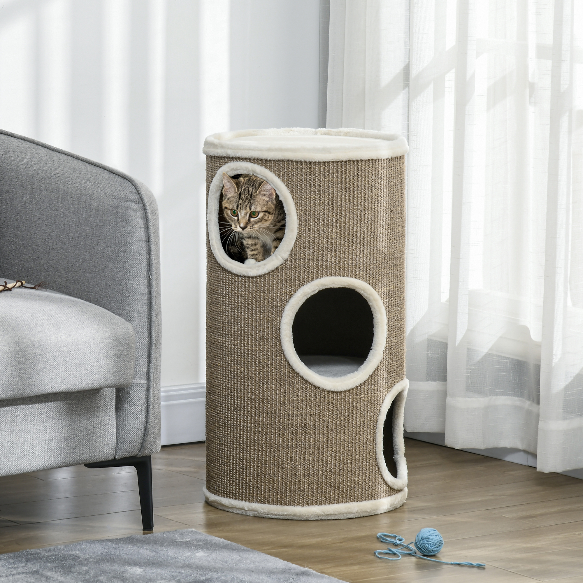 Katzen Kratztonne, weicher Plüsch, Sisal-Kratzteppich, robust, Ø38 x 70H cm, Braun