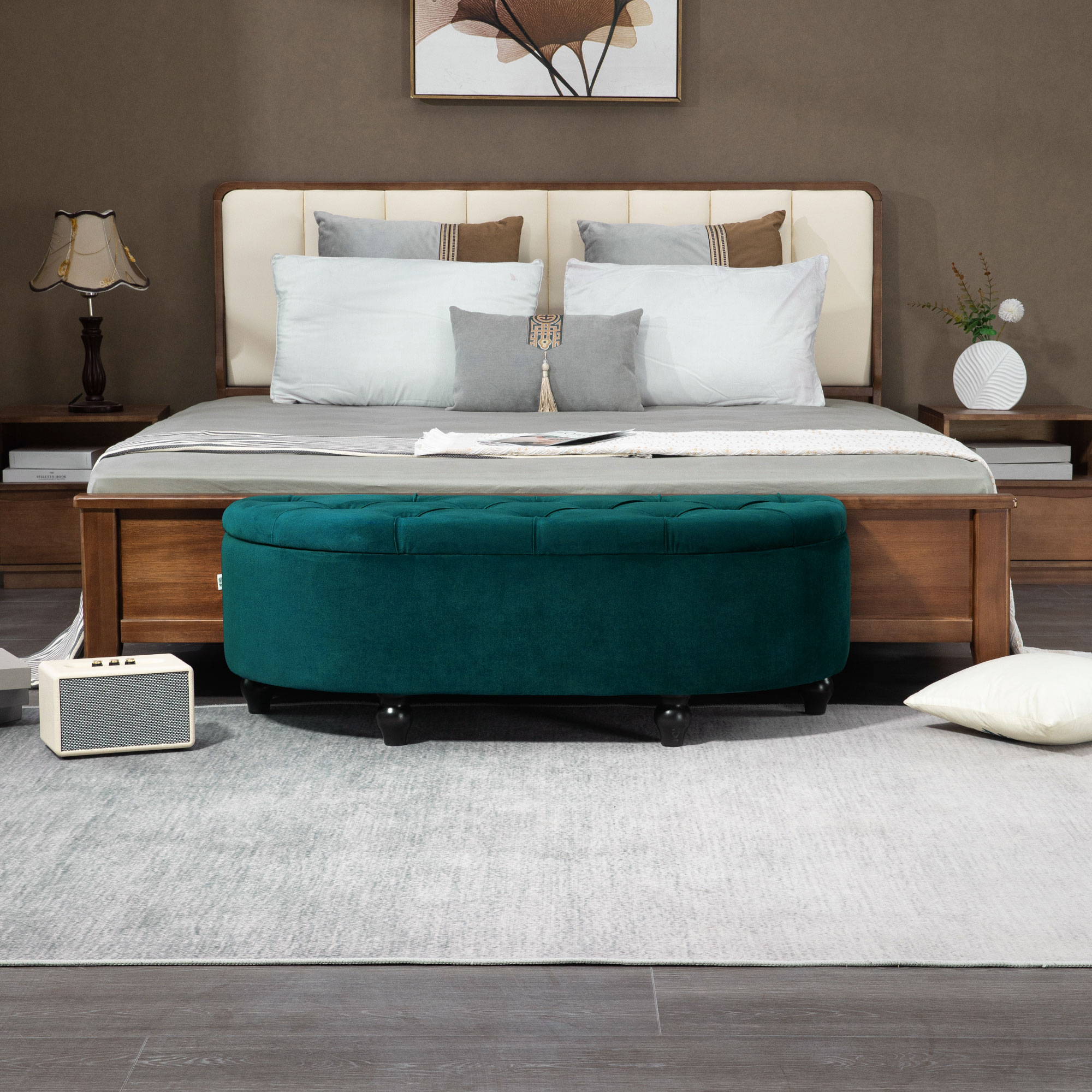 Hocker mit Stauraum, Sitztruhe, gepolstert, soft-close Deckel, Samtoptik, 118 x 45 x 45 cm, Dunkelgrau