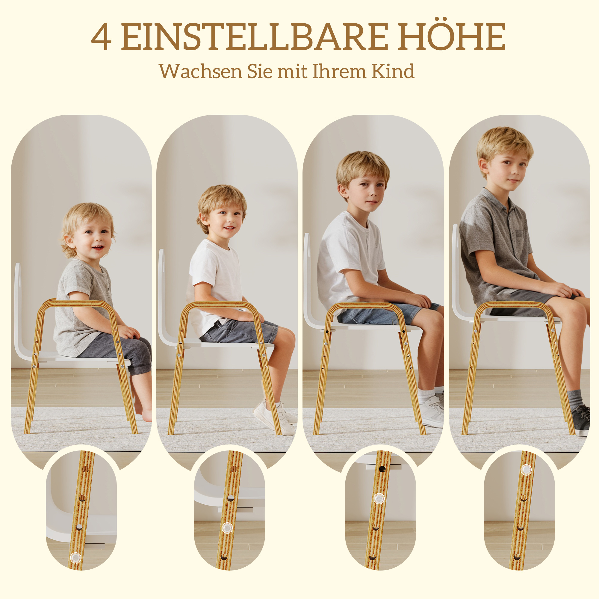 Holzstuhl-Set für Kinder, rutschfeste Fußpads, 3-9 Jahre, höhenverstellbar, Weiß
