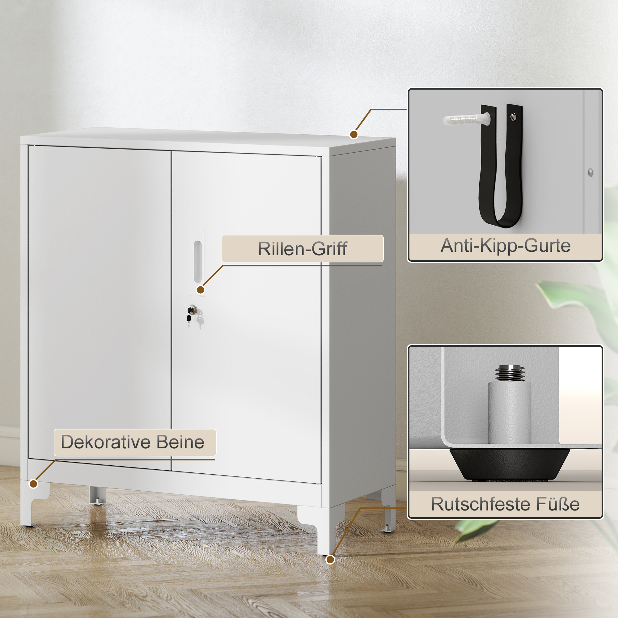 Büroschrank aus Metall, verschließbare Türen, Bürokommode, 2-stufiges Design, Weiß